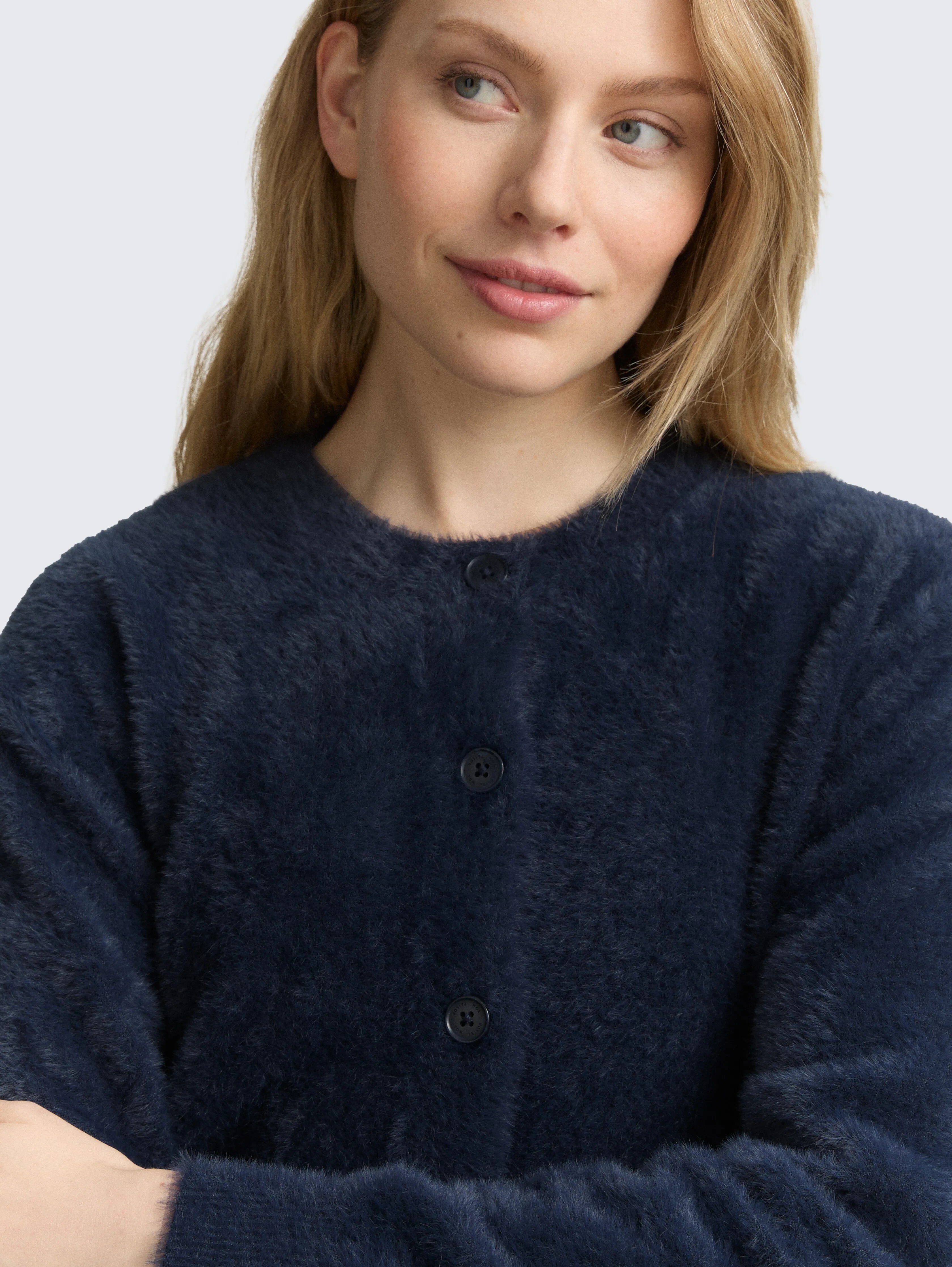 Tom Tailor_Black_Feather Yarn Cardigan with Button Placket_1048318_11019_05