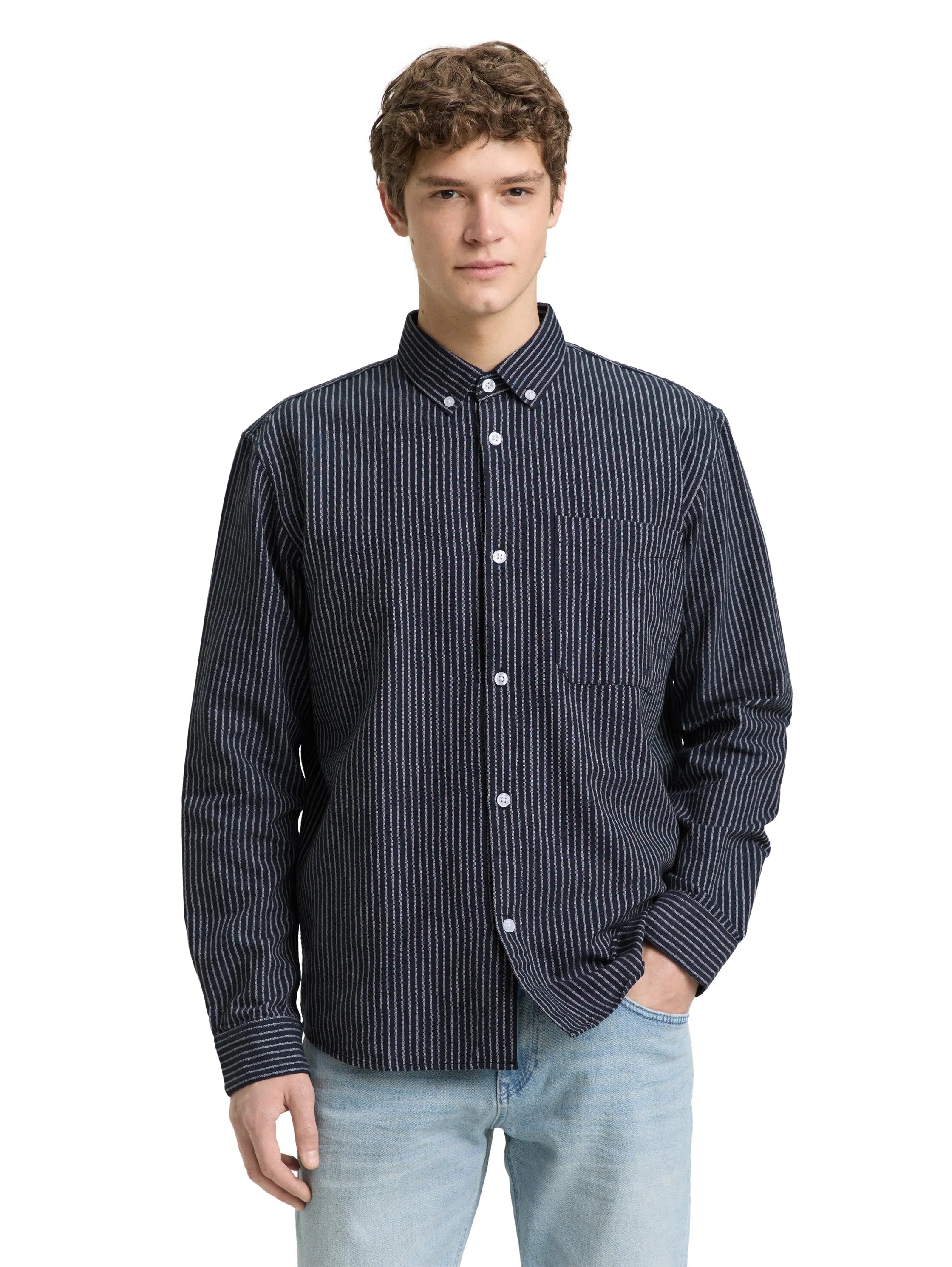 Denim Tom Tailor Navy Blue Stripe Men Relaxed Fit Cotton Shirt SKU: 1049377_39056 Image 04