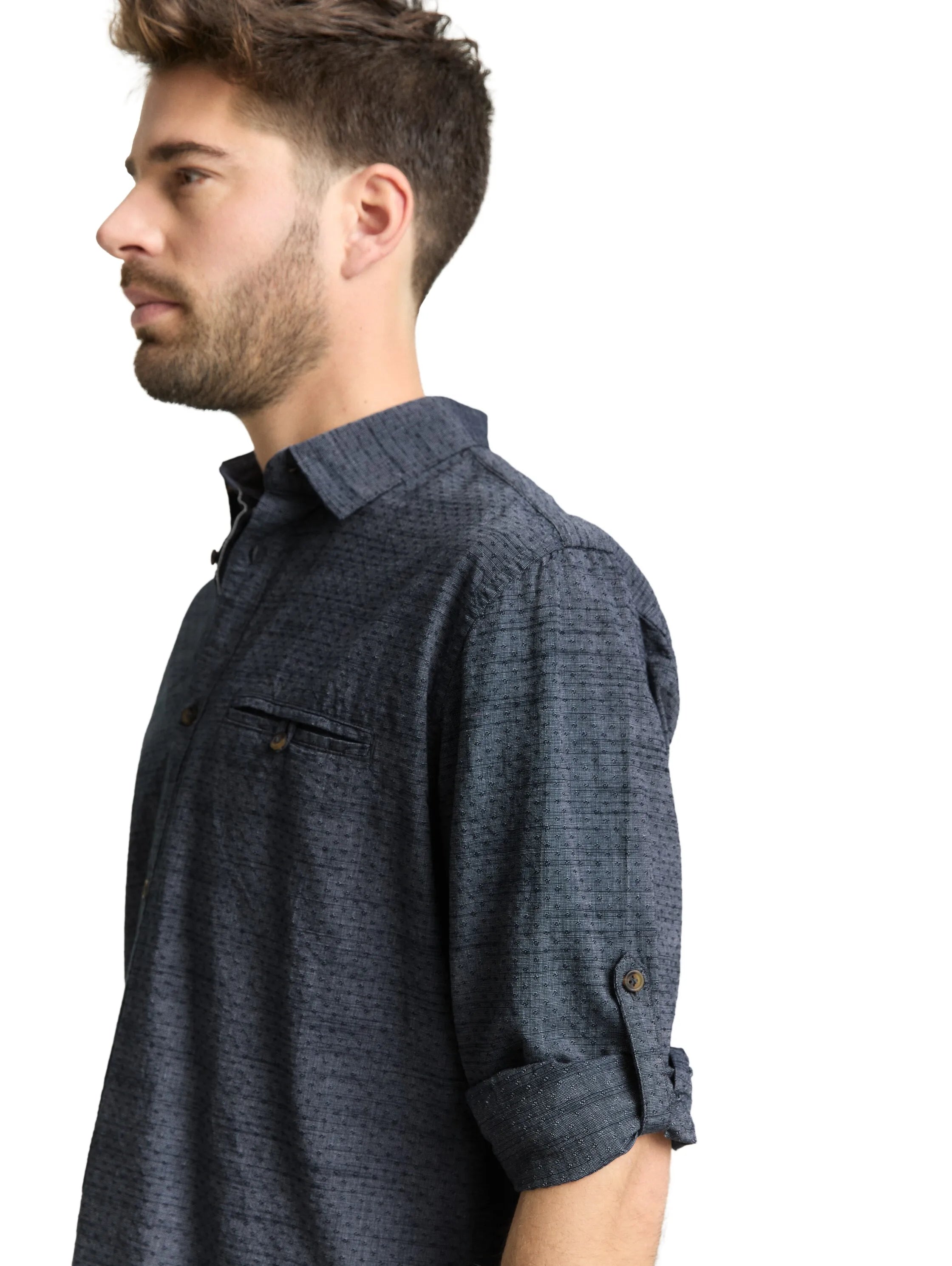 Tom Tailor Navy Blue Structure Men Regular-Fit Shirt with Turn-Up Feature SKU: 1049578_39539 Image 03