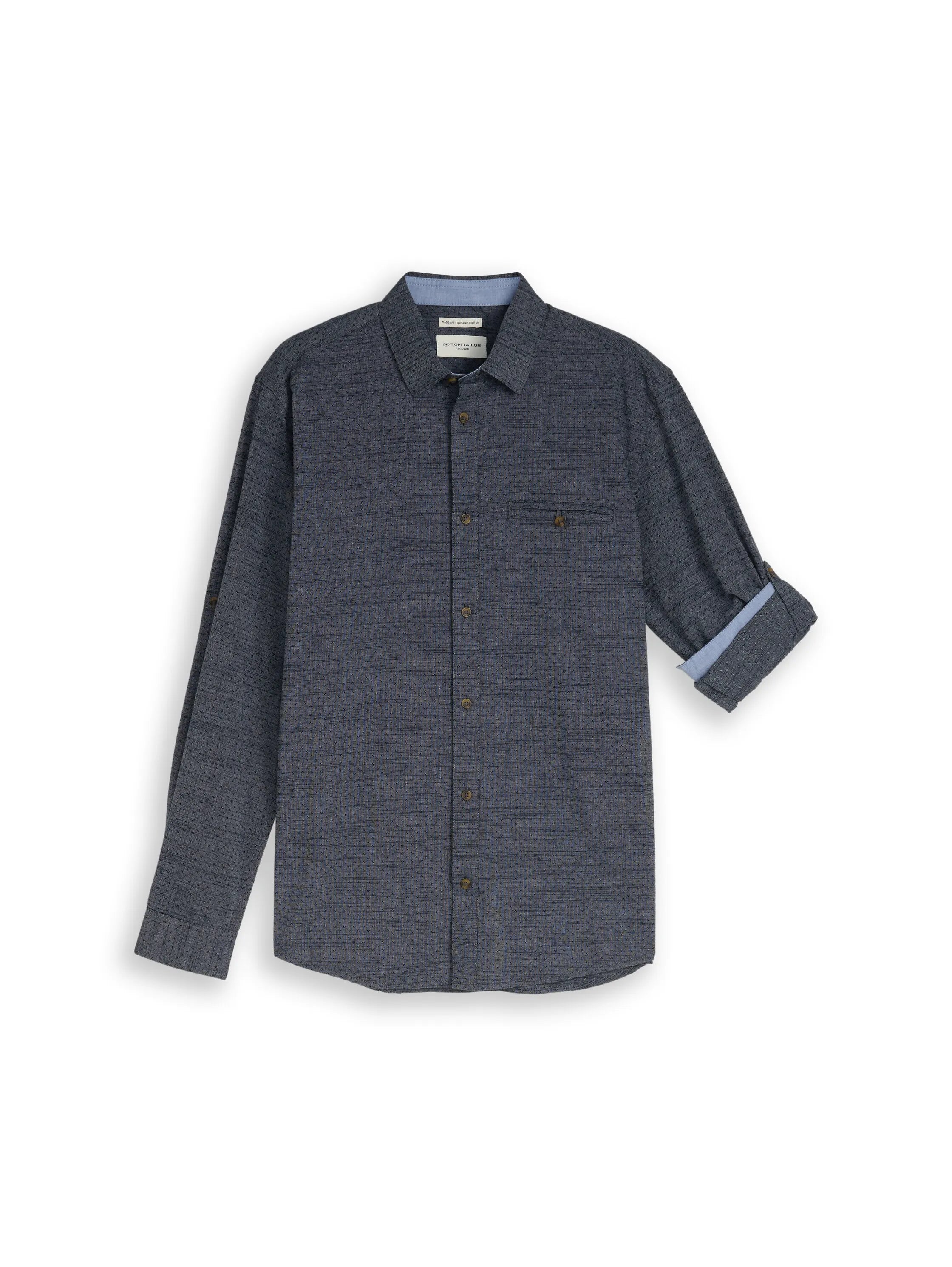 Tom Tailor Navy Blue Structure Men Regular-Fit Shirt with Turn-Up Feature SKU: 1049578_39539 Image 06