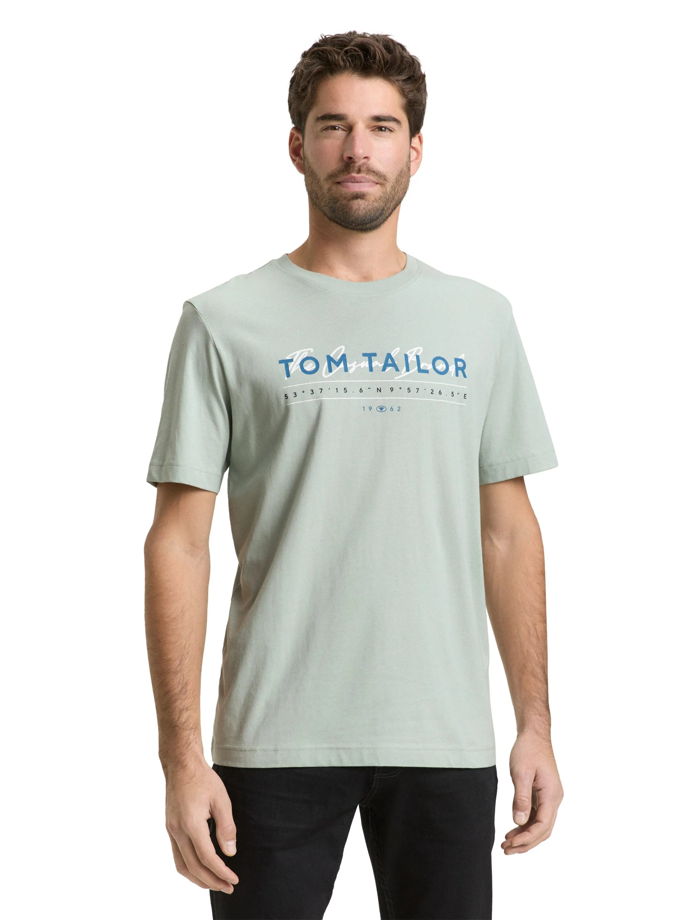 Tom Tailor Soft Greyish Green Men T-Shirt with Logo Print SKU: 1050136_12792 Image 04