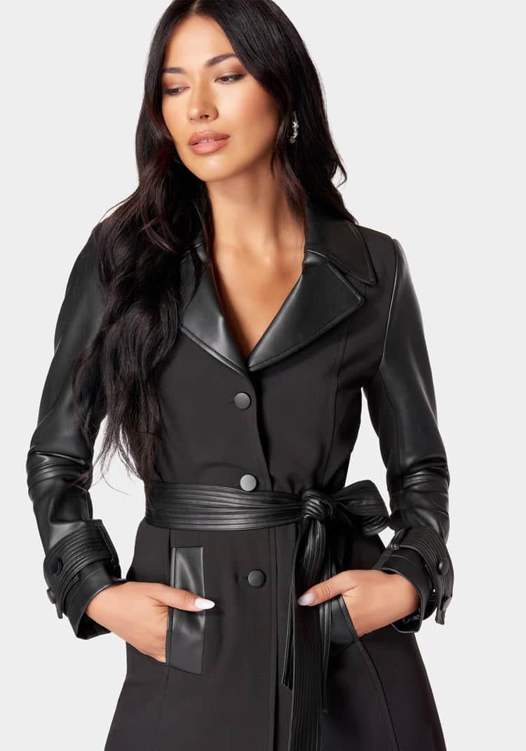 Vegan Leather Combo Woven Twill Trench Coat_107877_BLACK_04