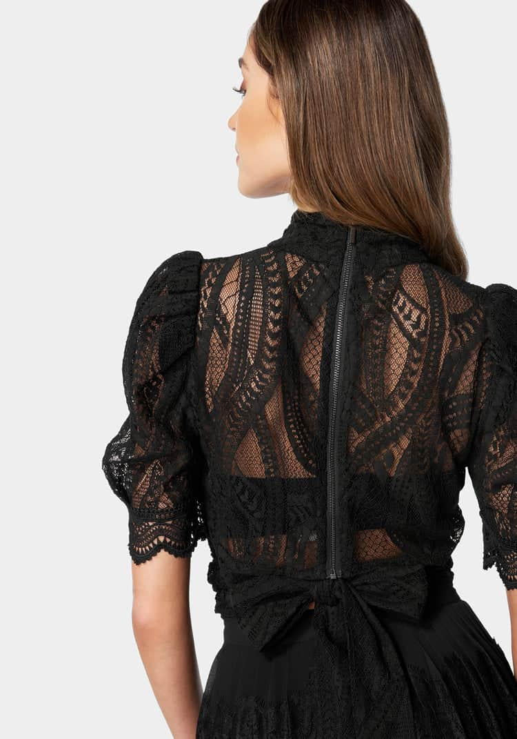 Puff Sleeve Ruched Waist Lace Top_107888_BLACK_03