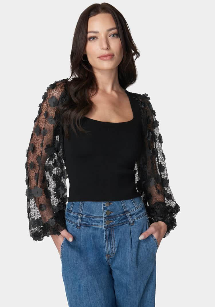 Embroidered Sleeves Square Neck Sweater_107904_BLACK_01