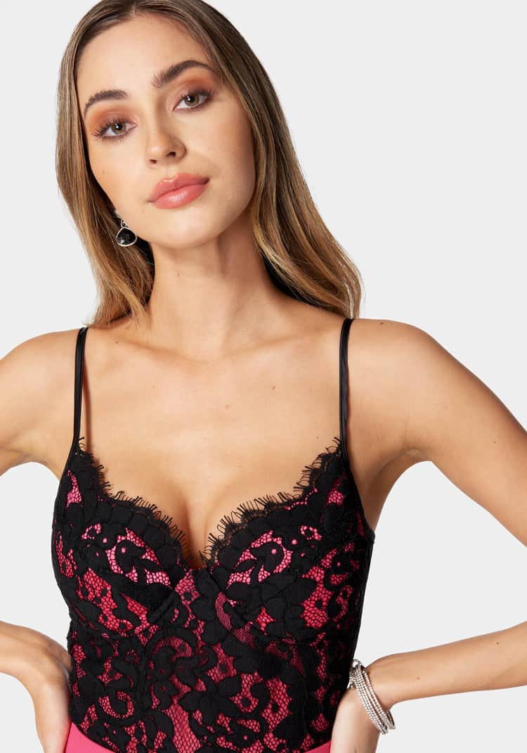 2 Piece Lace Bustier And Slim Leg Twill Pant_107909_RASPBERRY SORBET-BLACK_04