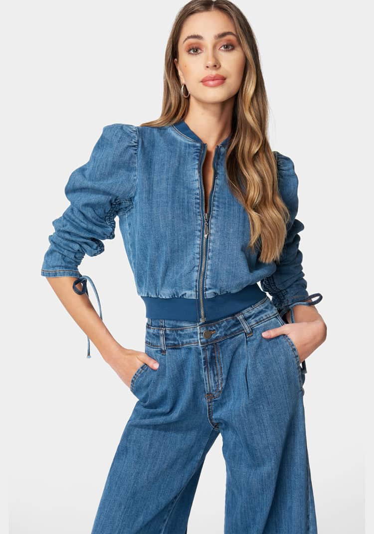 Zip Front Ruched Sleeves Denim Jacket_107912_MEDIUM BLUE WASH_01