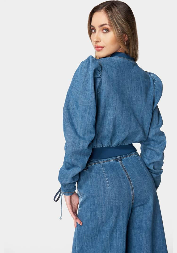 Zip Front Ruched Sleeves Denim Jacket_107912_MEDIUM BLUE WASH_03