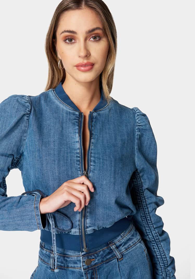Zip Front Ruched Sleeves Denim Jacket_107912_MEDIUM BLUE WASH_04