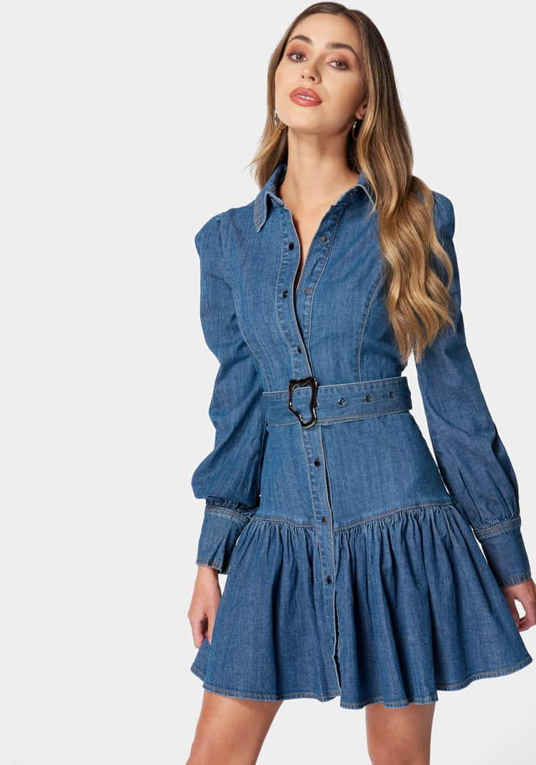 Balloon Sleeves Fit And Flare Denim Dress_107916_MEDIUM BLUE WASH_02