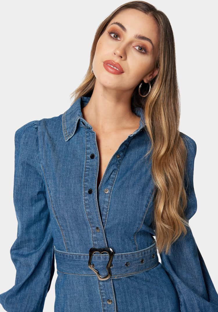 Balloon Sleeves Fit And Flare Denim Dress_107916_MEDIUM BLUE WASH_04
