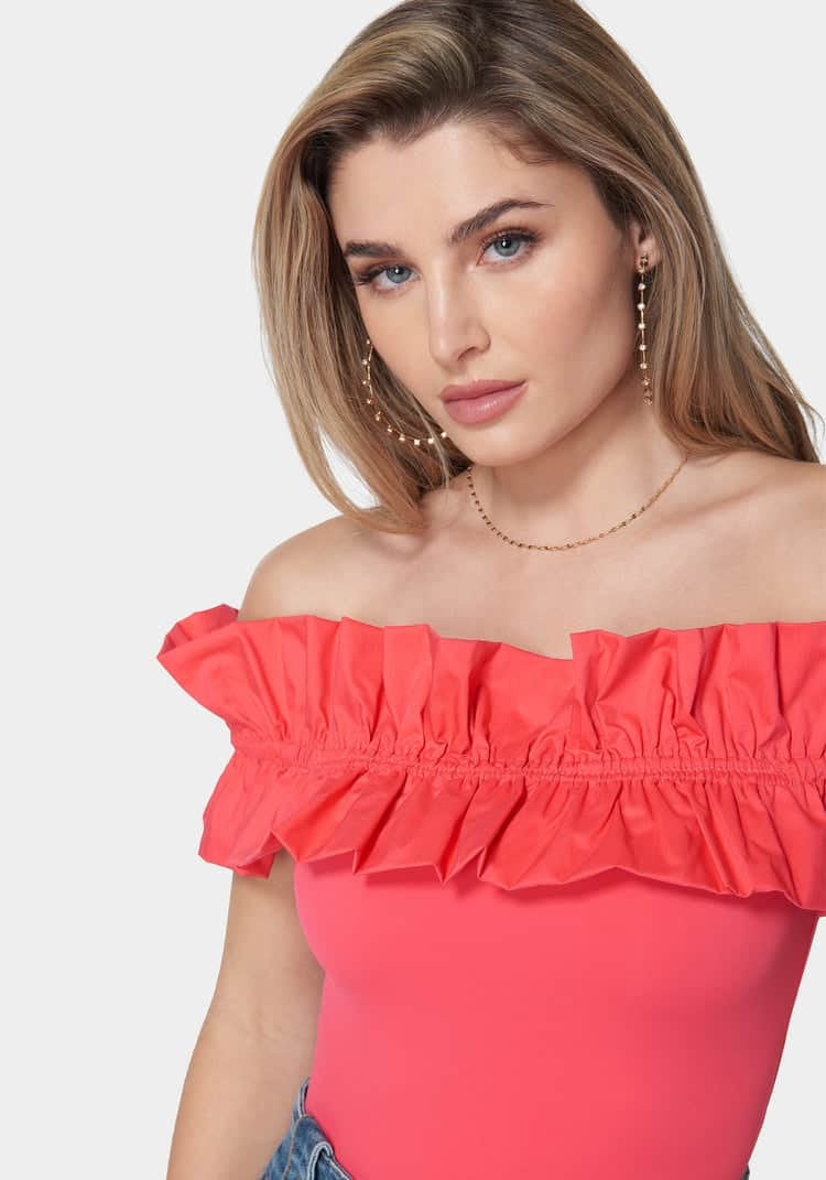 Off Shoulder Poplin Ruffle Knit Bodysuit_107938_Hibiscus_03