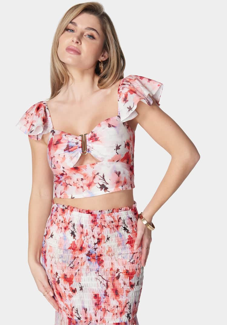 Ruffle Sleeve Metal Trim Printed Top_107958_River Blossom Print_01