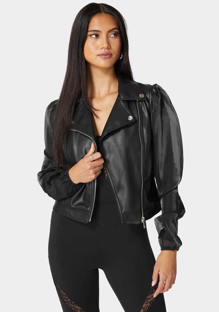 Ruched Organza Sleeve Vegan Leather Moto Jacket BEVAVA – Bebe in