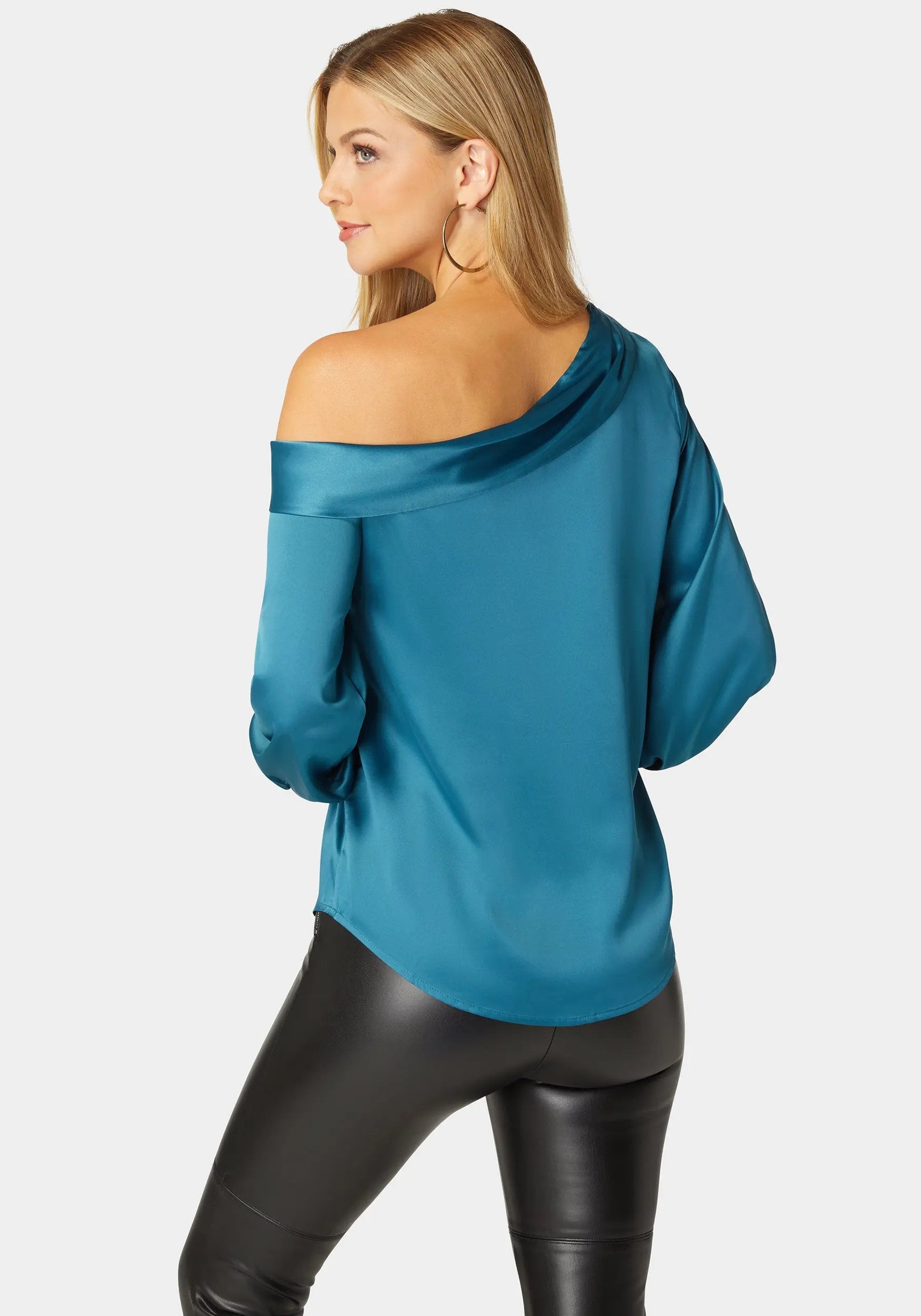 Asymmetrical Long Sleeve Slit Detail Satin Blouse_108536_DEEP LAGOON_03