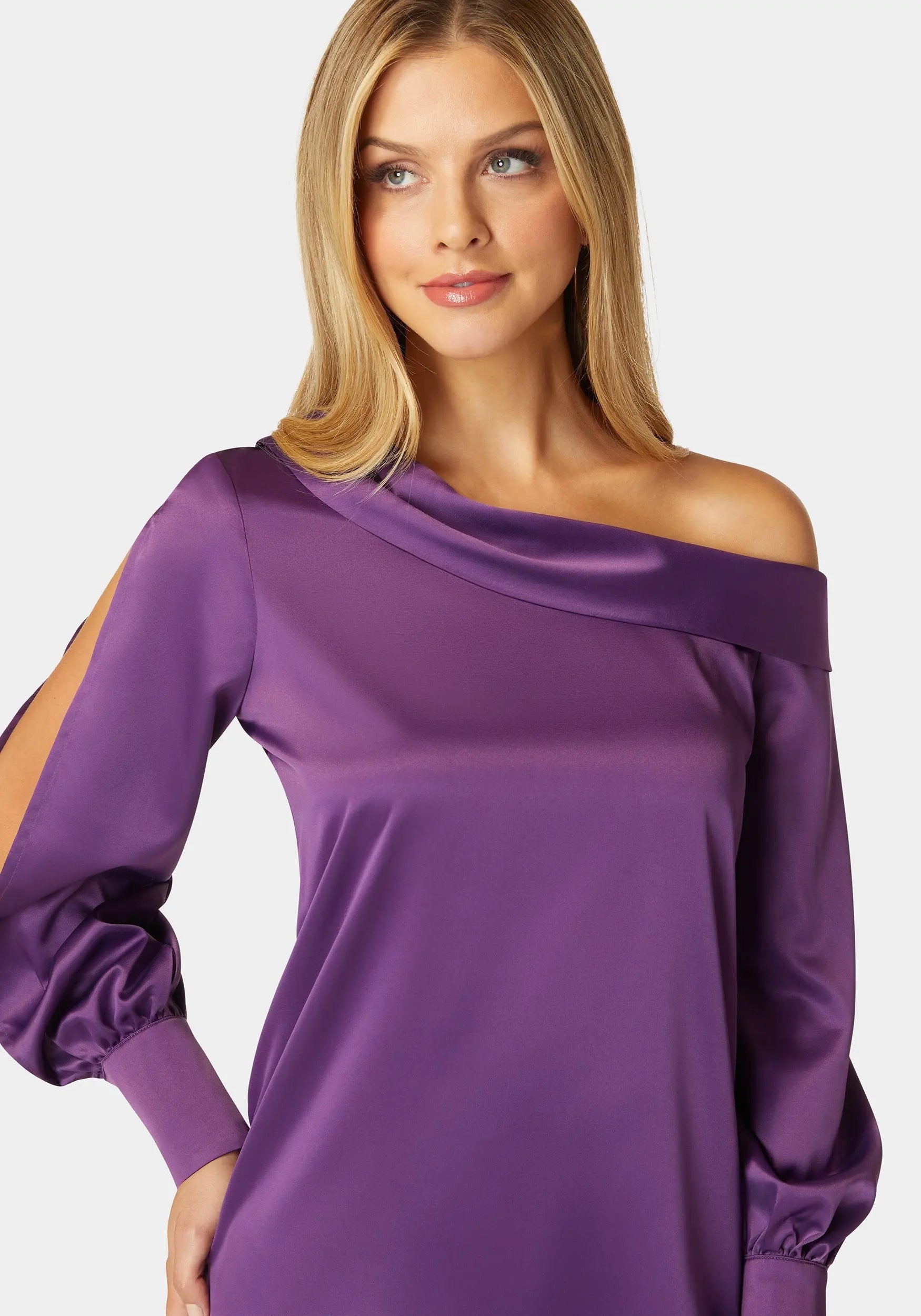 Asymmetrical Long Sleeve Slit Detail Satin Blouse_108536_IMPERIAL PURPLE_04
