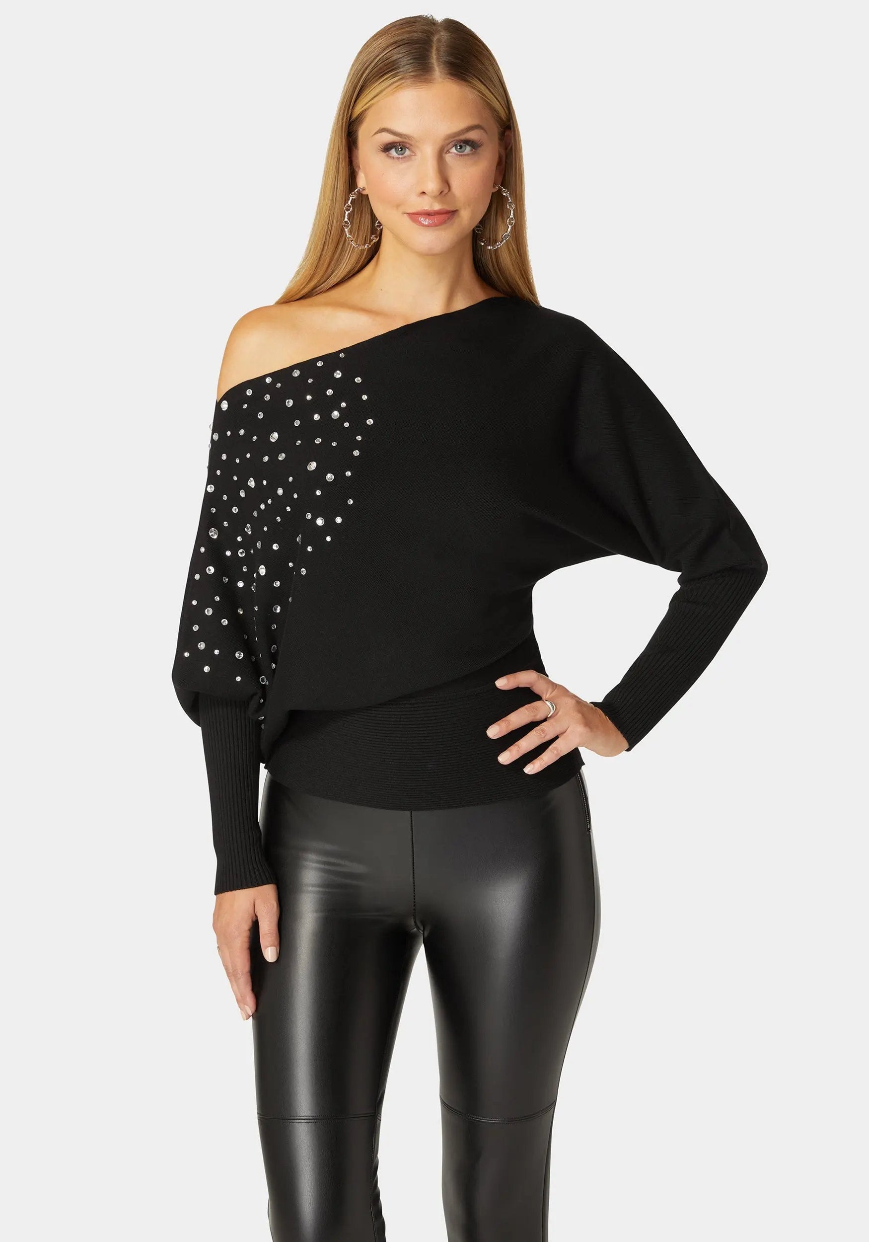 Off Shoulder Studded Dolman Sleeve Sweater_108546_BLACK_01