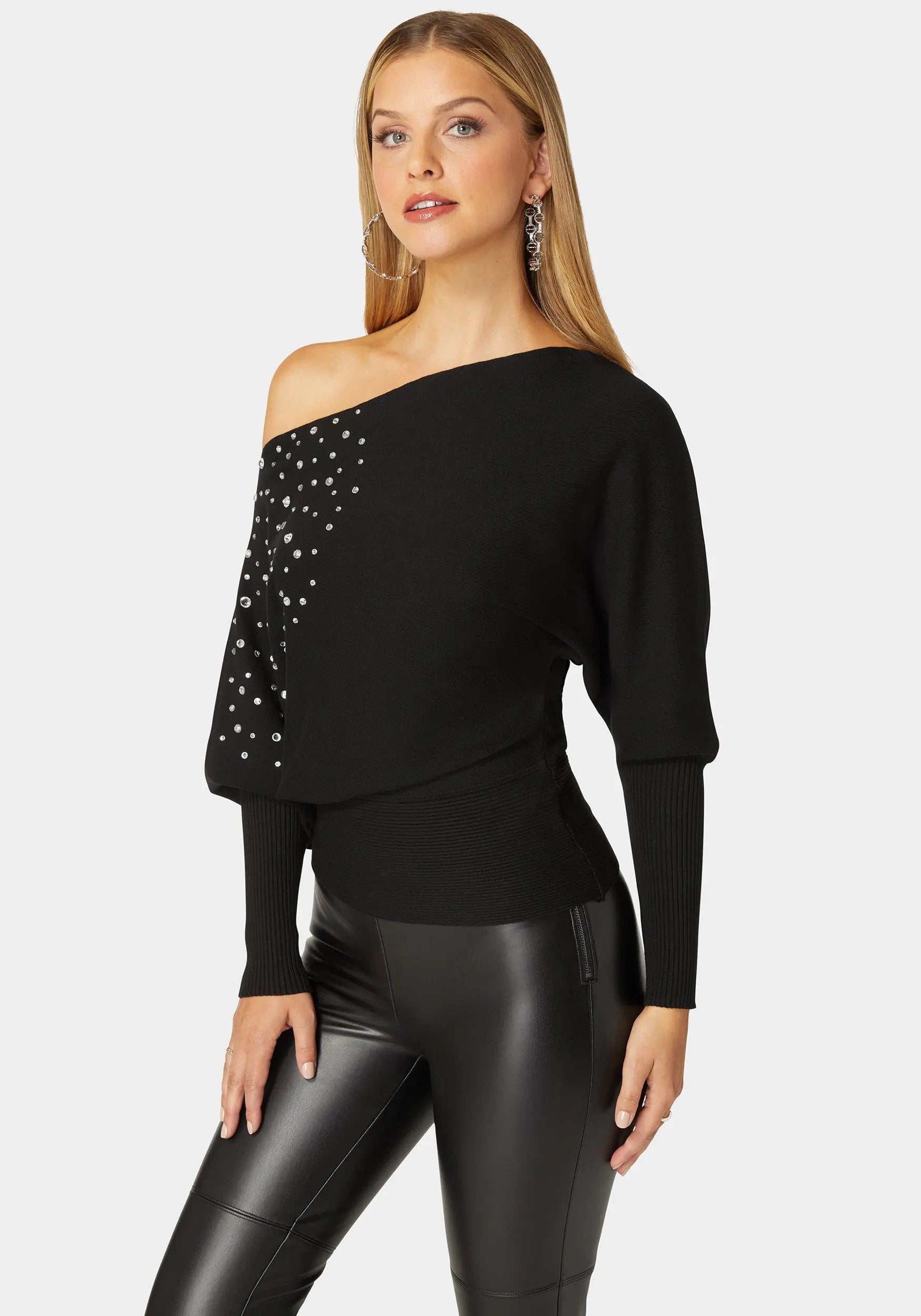 Off Shoulder Studded Dolman Sleeve Sweater_108546_BLACK_02