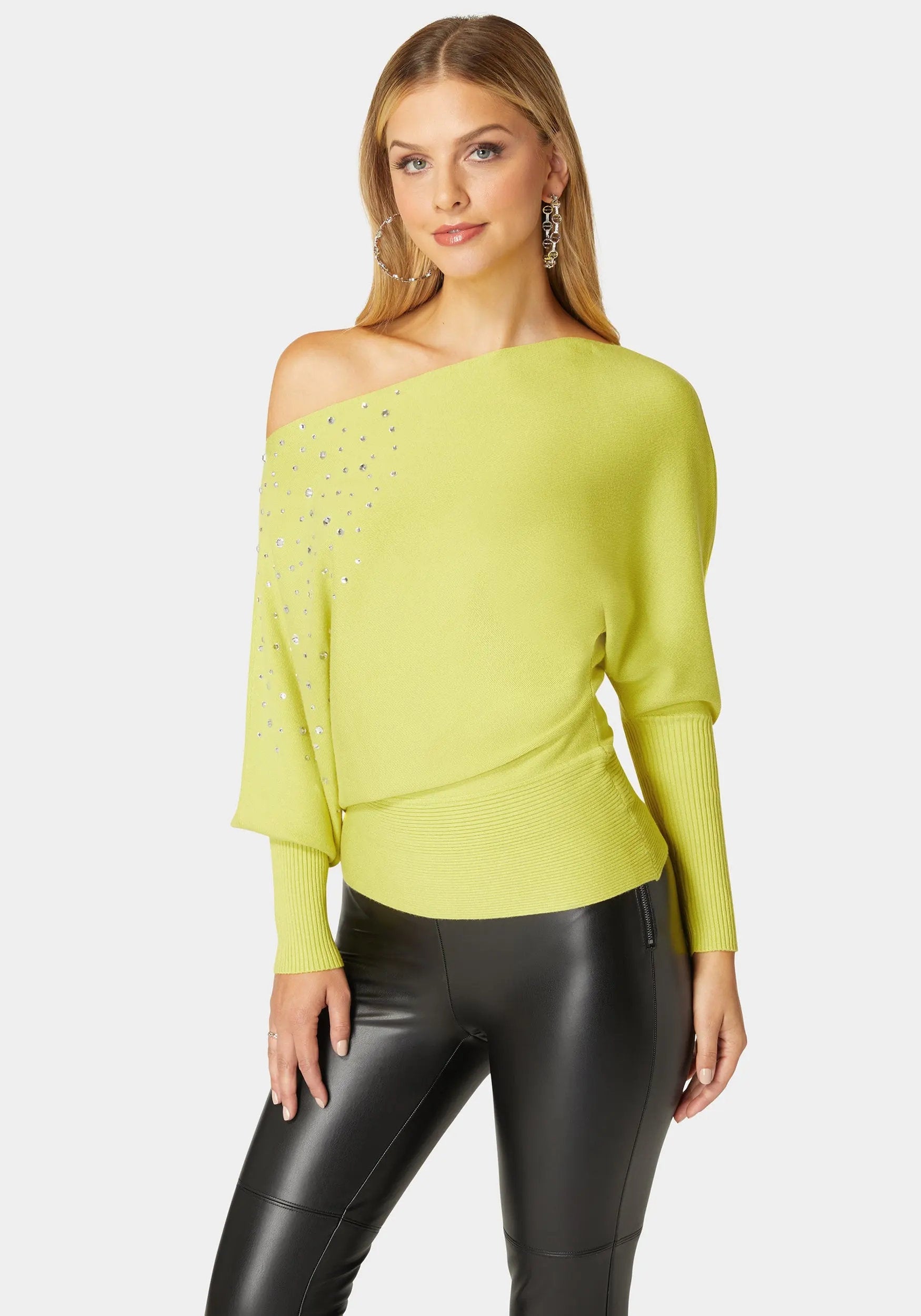 Off Shoulder Studded Dolman Sleeve Sweater_108546_CYBER LIME_02