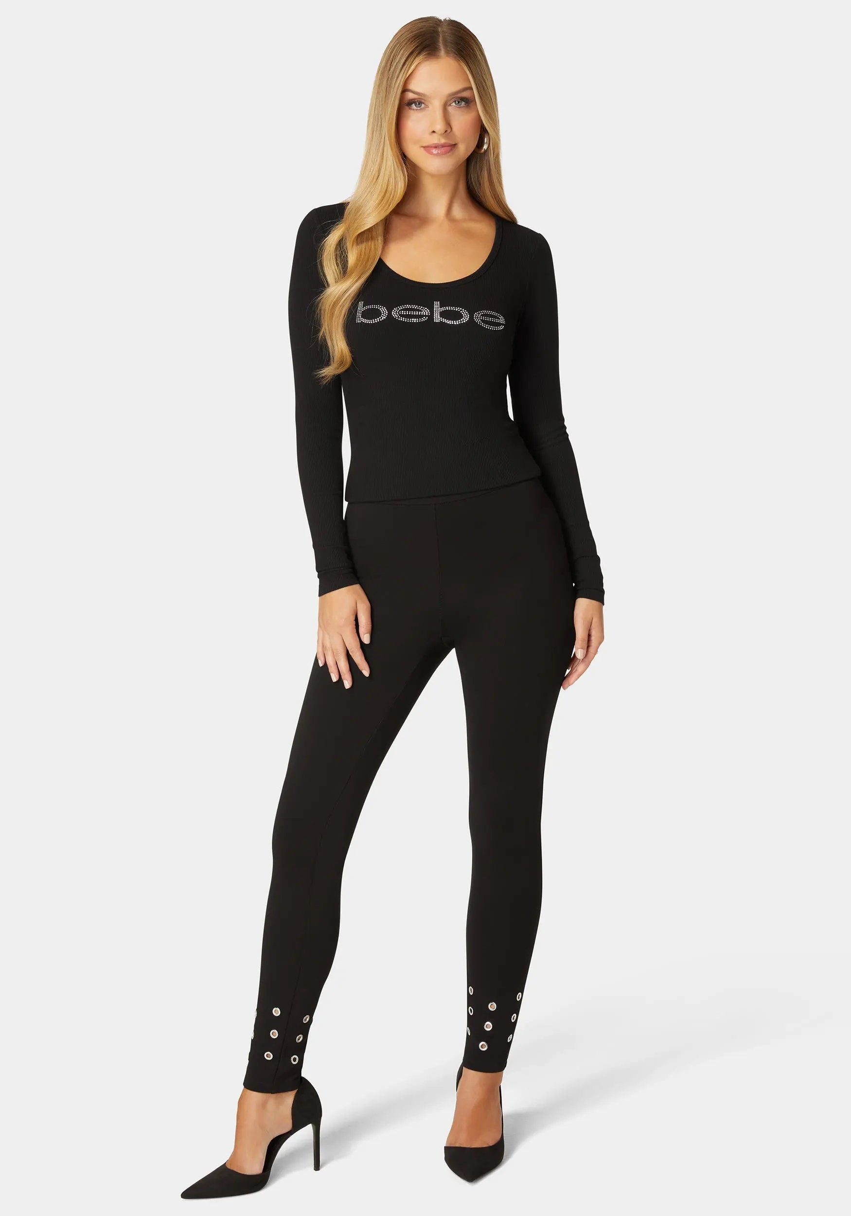 Natural Waist Grommet Detail Knit Legging_108550_BLACK_01