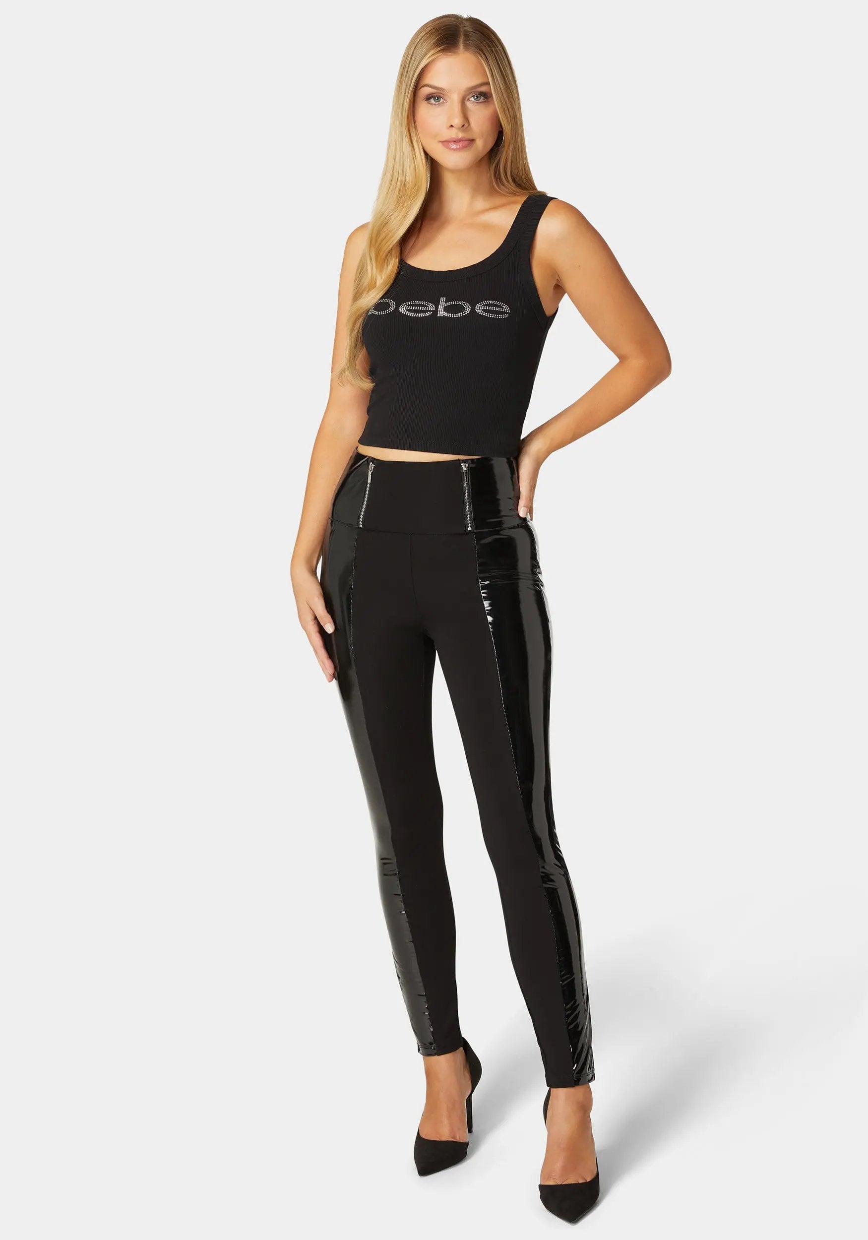 High Waist Zipper Detail Liquid Shine Combo Knit Legging_108552_BLACK_01