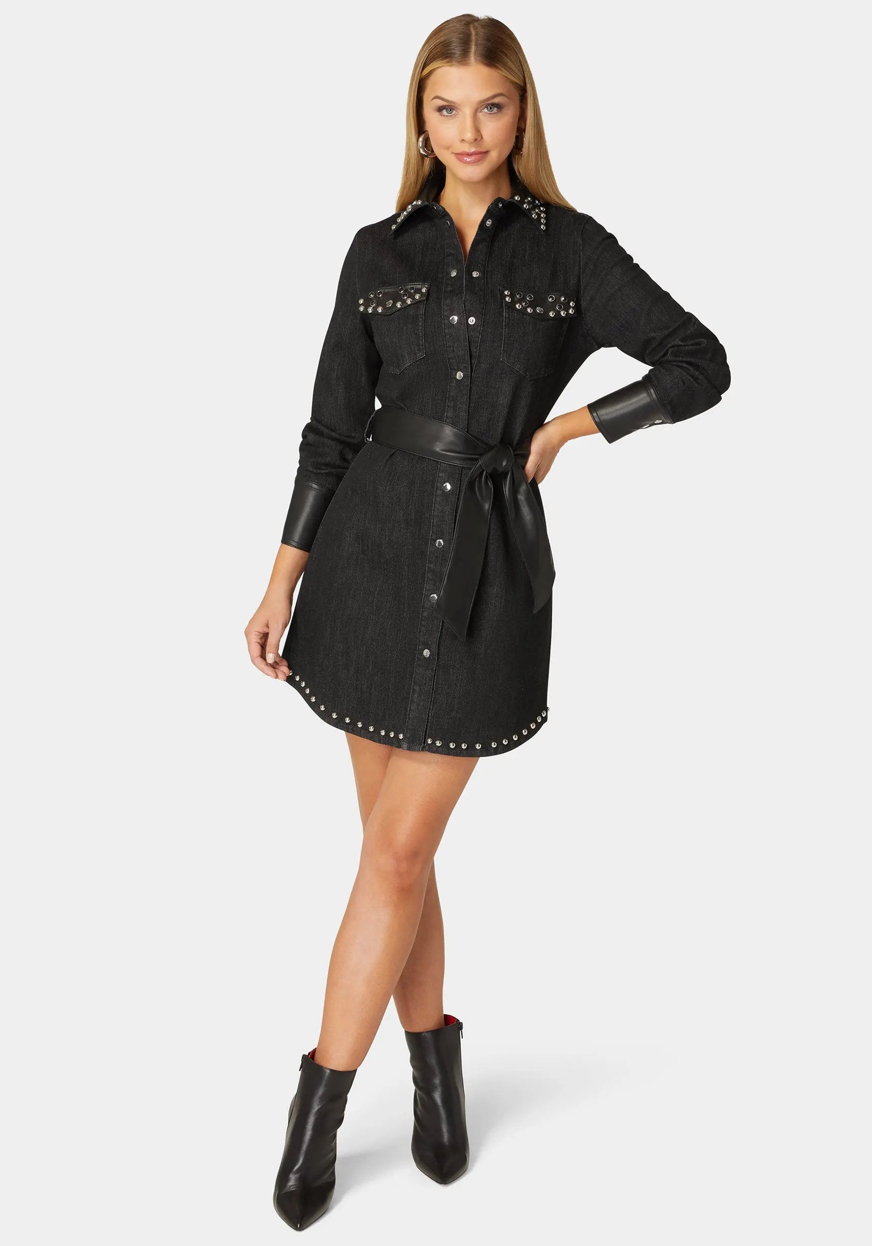 Fitted Combo Vegan Leather Studded Denim Shirt Dress_108560_WASHED OUT BLACK - BLACK_01