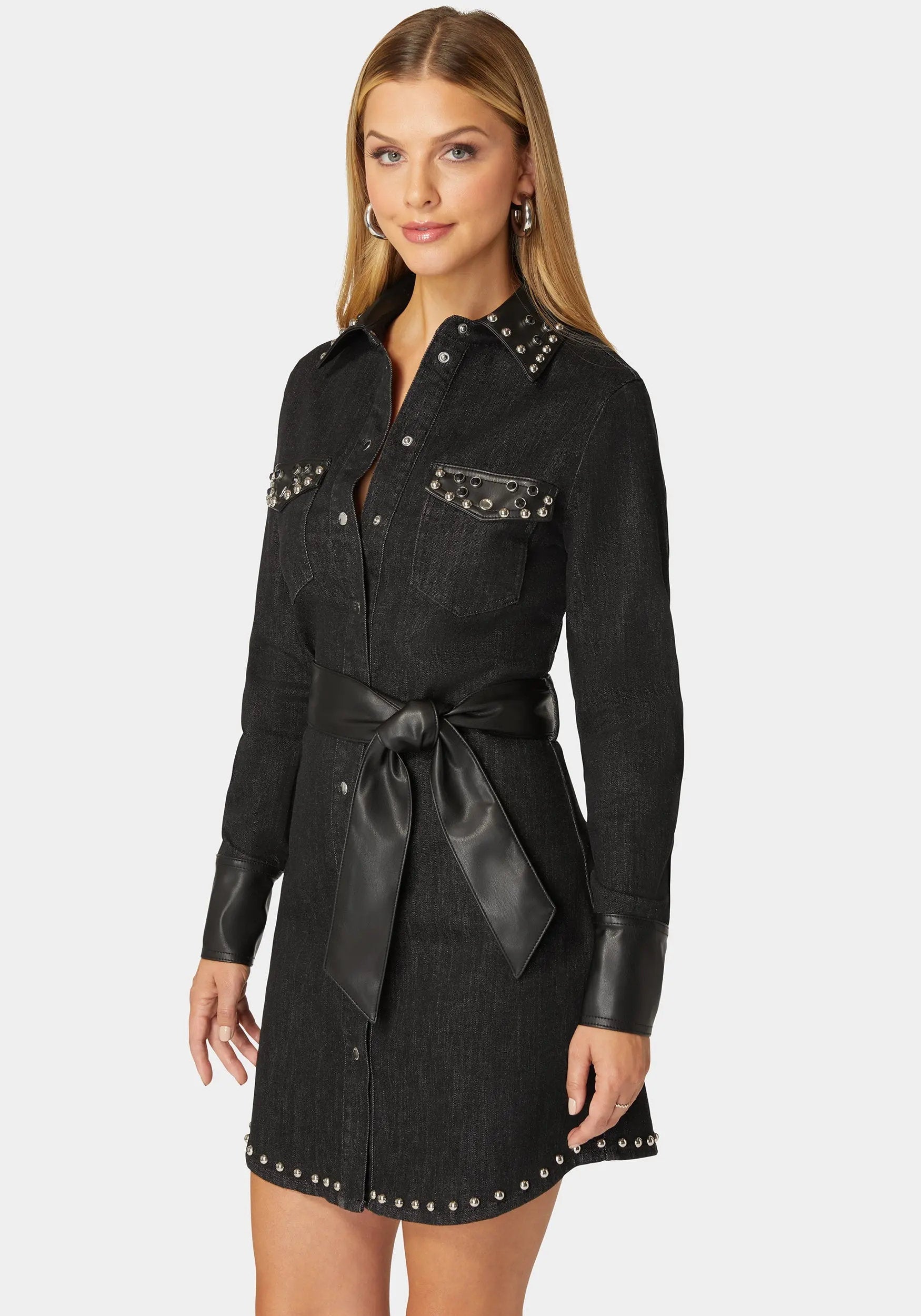 Fitted Combo Vegan Leather Studded Denim Shirt Dress_108560_WASHED OUT BLACK - BLACK_02