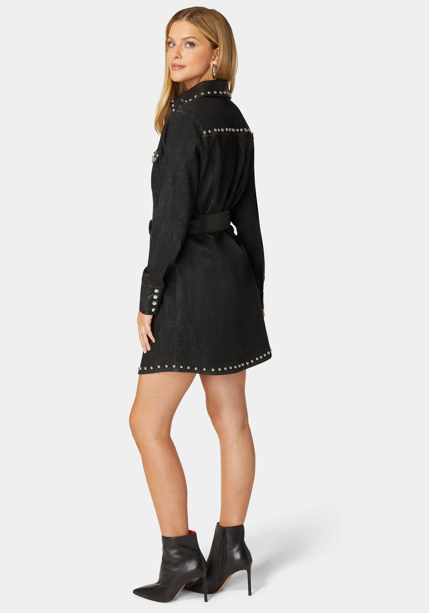 Fitted Combo Vegan Leather Studded Denim Shirt Dress_108560_WASHED OUT BLACK - BLACK_03