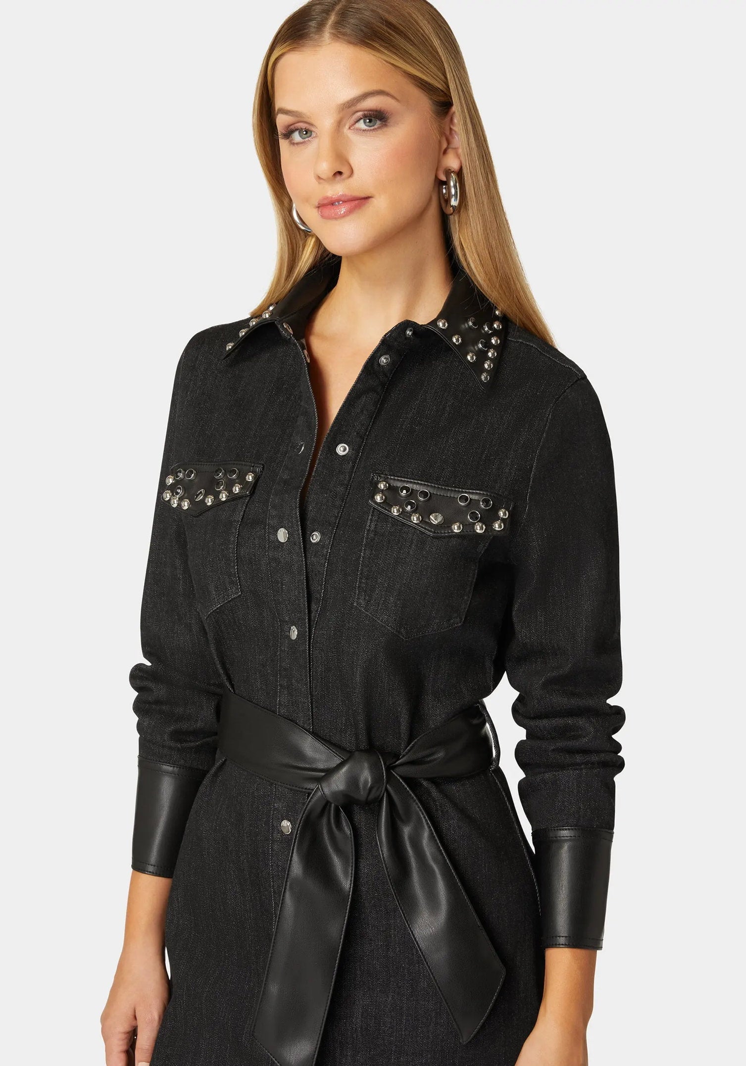 Fitted Combo Vegan Leather Studded Denim Shirt Dress_108560_WASHED OUT BLACK - BLACK_04