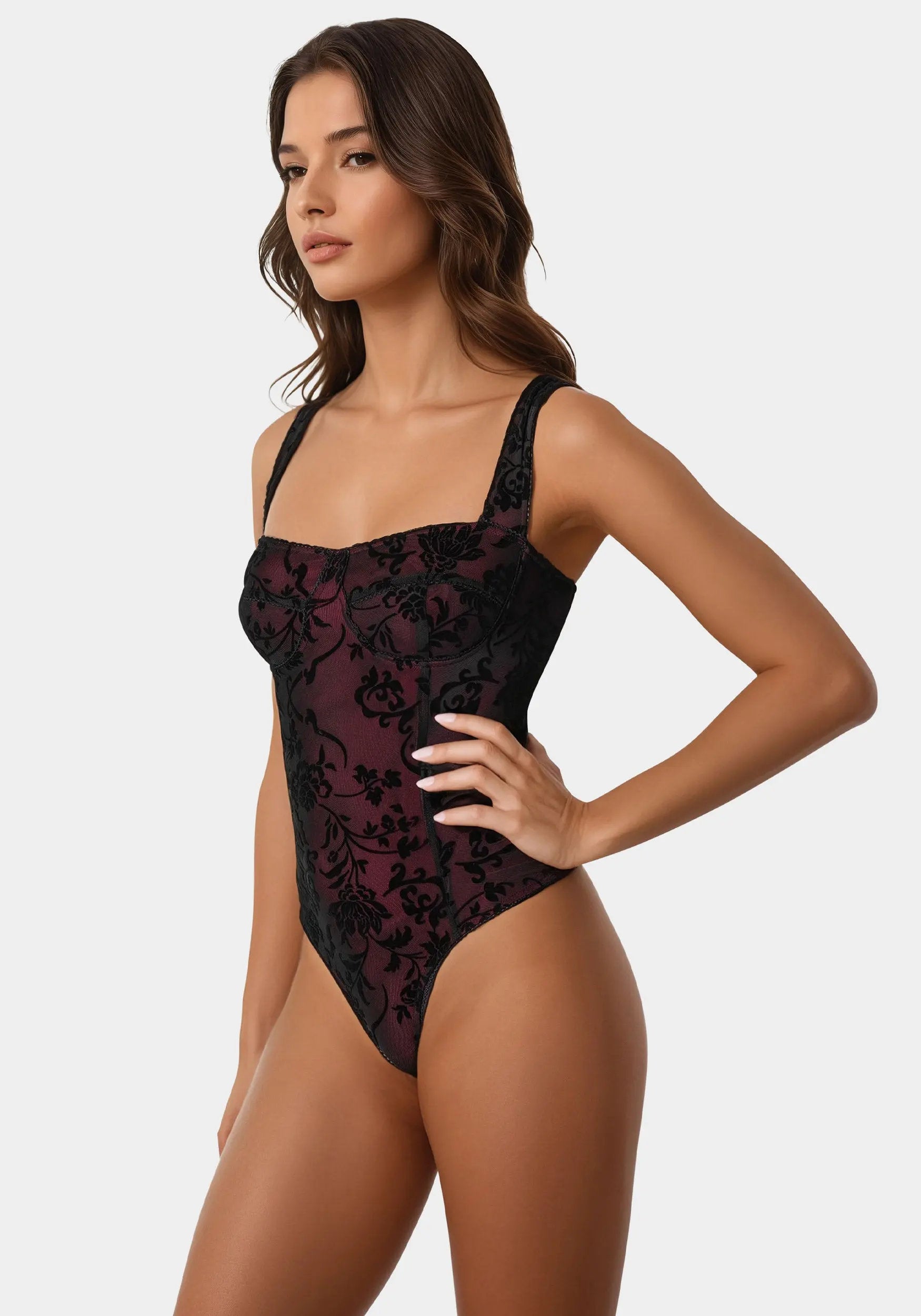 Flocked Mesh Bodysuit_108574_BIKING RED - BLACK_02