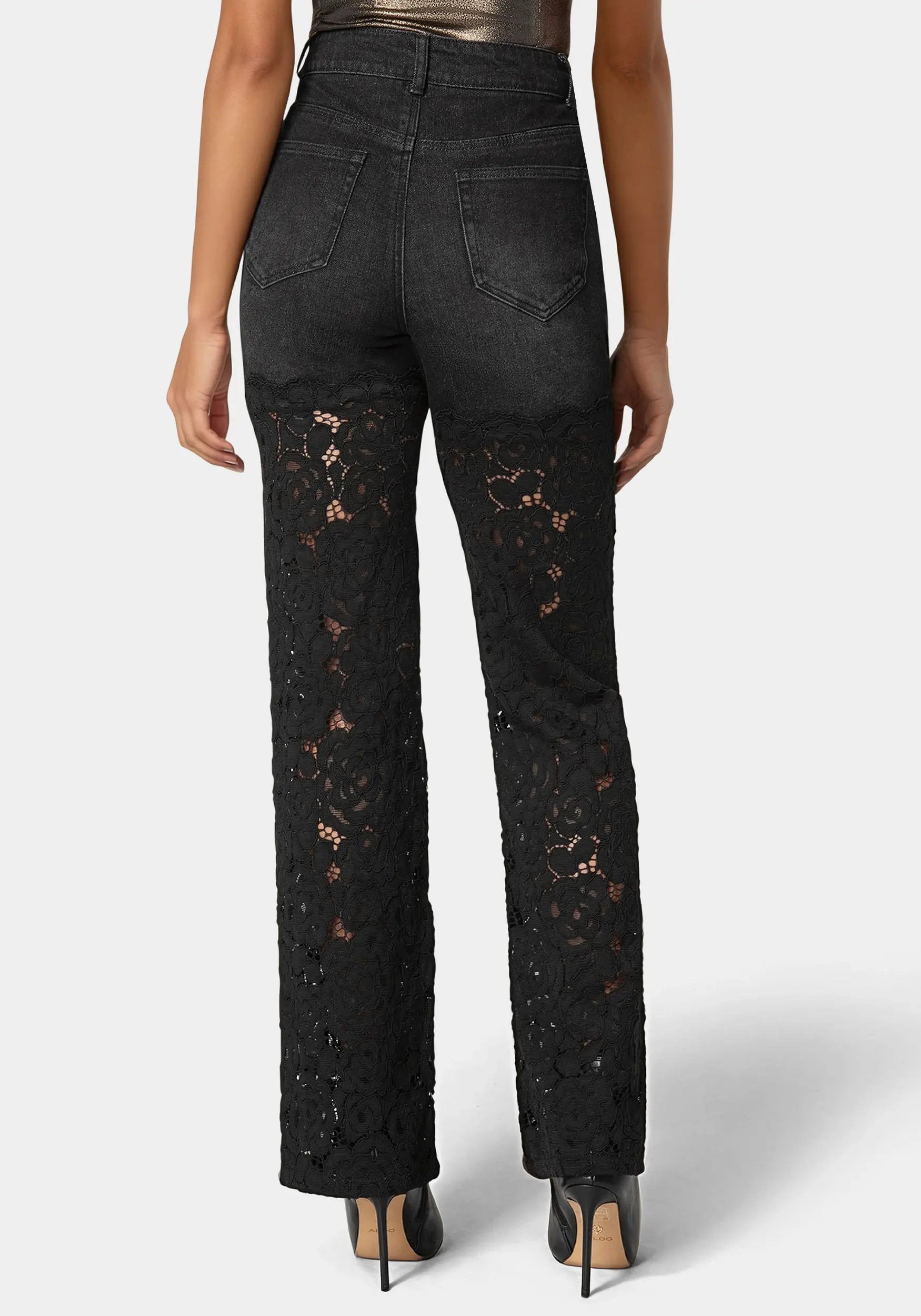 High Waist Embellished Lace Wide Leg Jeans_108603_WASH OUT BLACK WASH - BLACK_03