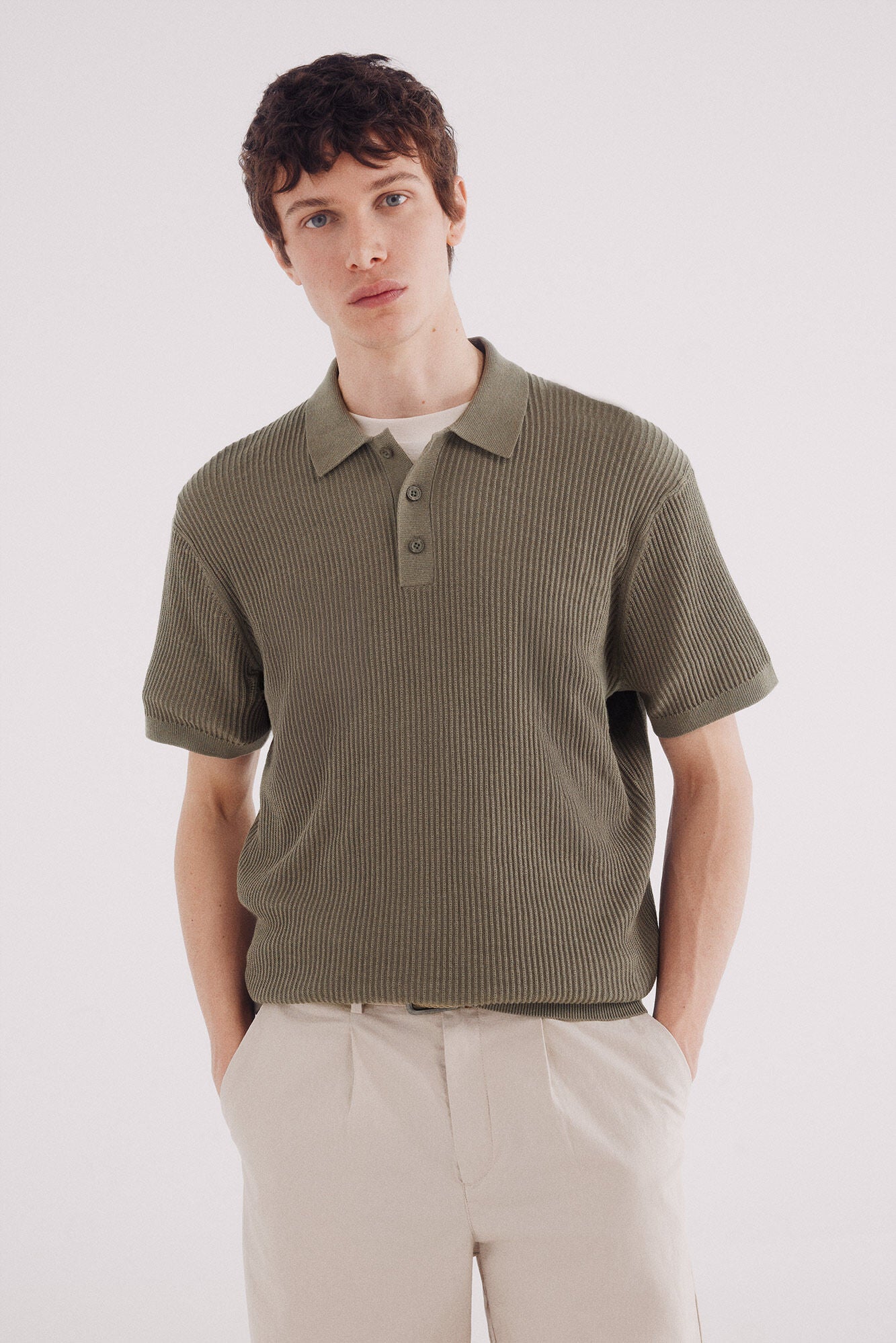 Springfield_Grey_Short Sleeve Jersey with Polo Shirt Neck Structure_1422873_46_01