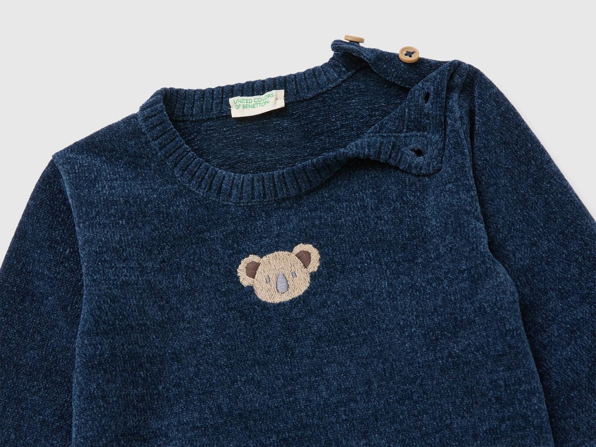 Benetton Blue New Born Chenille Sweater with Embroidery SKU: 19MVA101O_355 Image 03