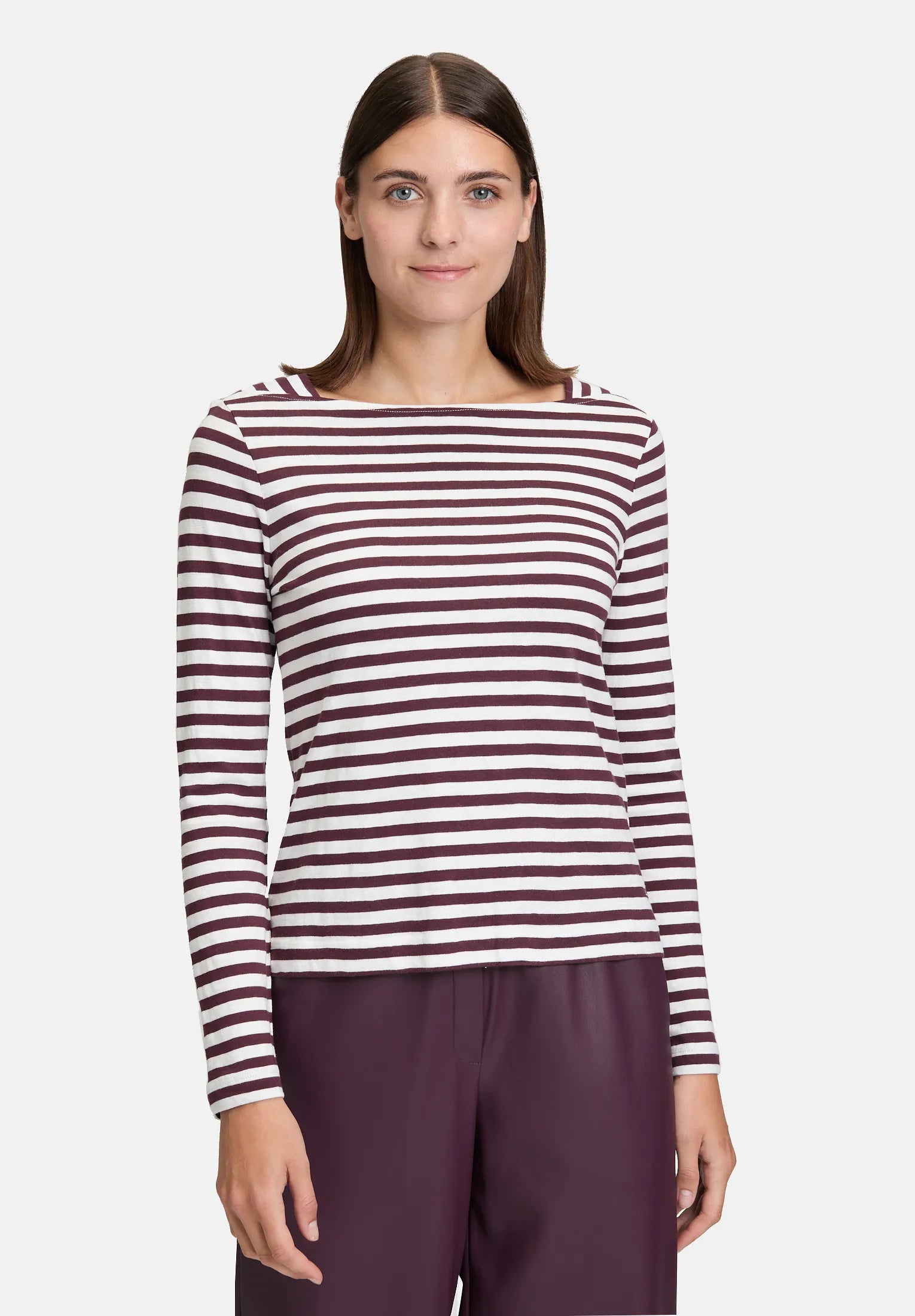 Betty Barclay_Cream/Dark Red_Striped Shirt with Boat Neck_2313-3146_1847_01