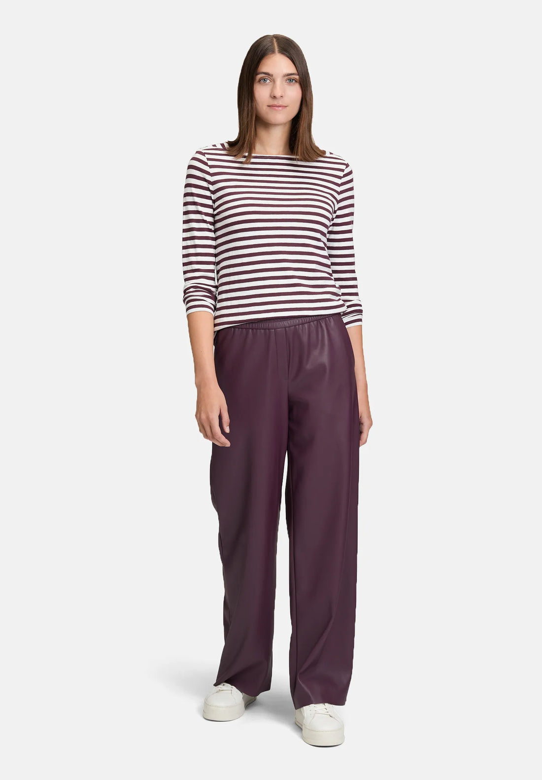 Betty Barclay_Cream/Dark Red_Striped Shirt with Boat Neck_2313-3146_1847_02
