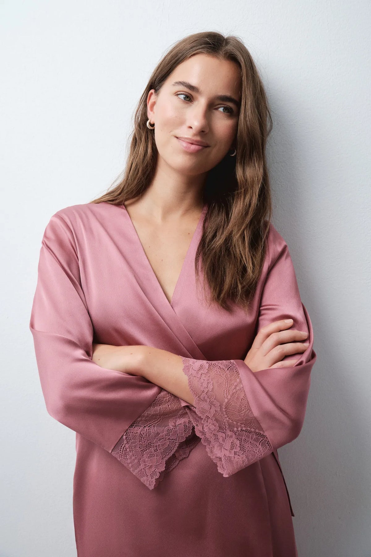 Women Secret Pink Women Satin-Finish Long Robe with Lace Details SKU: 2534023_72 Image 03
