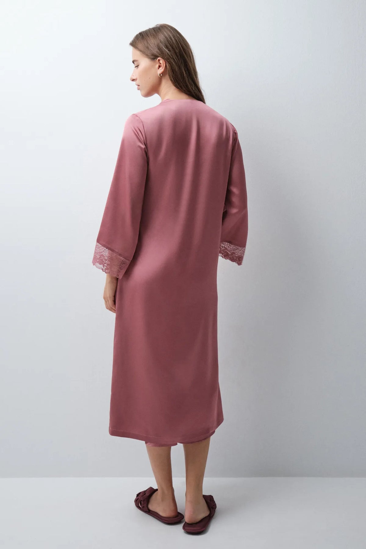 Women Secret Pink Women Satin-Finish Long Robe with Lace Details SKU: 2534023_72 Image 05