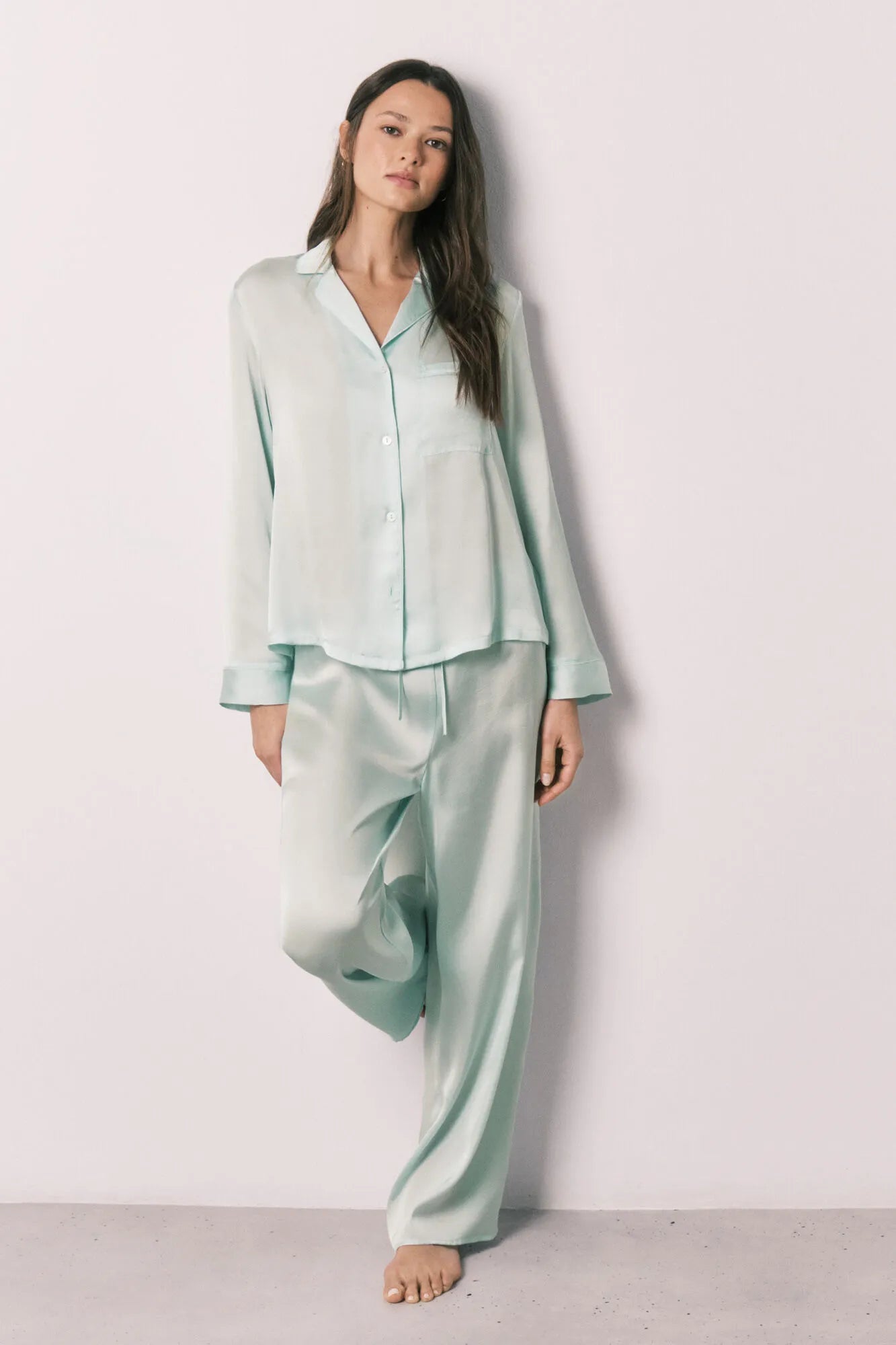 Women Secret Green Women Green Satin Classic Long Pyjamas SKU: 2543704_22 Image 01