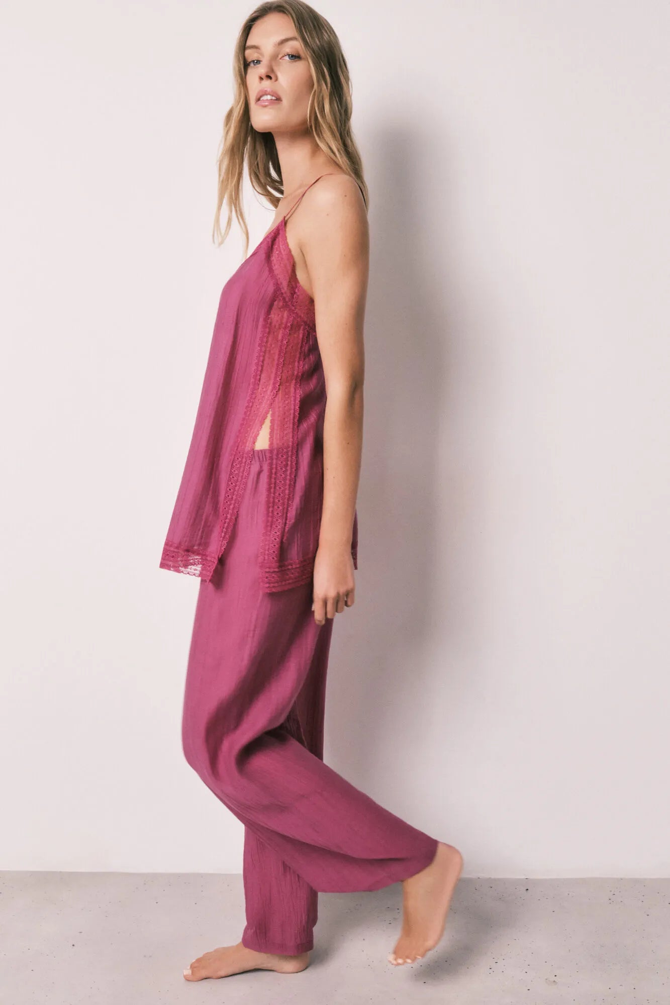 Women Secret Pink Women Satin-Finish Lace Strap Long Pyjamas SKU: 2543716_73 Image 06