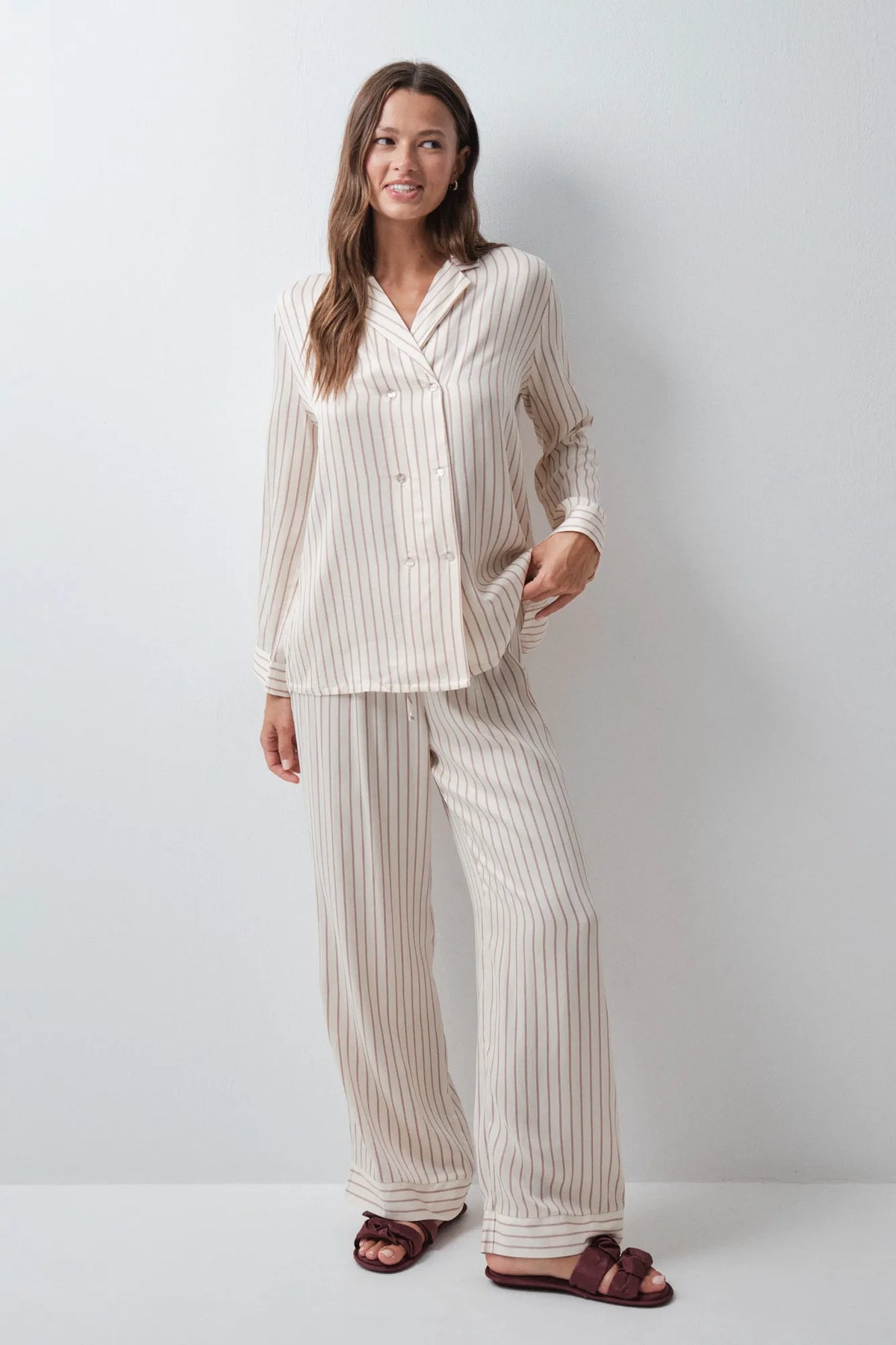 Women Secret White Print Women Striped Satin-Finish Classic Pyjamas SKU: 2544866_97 Image 01