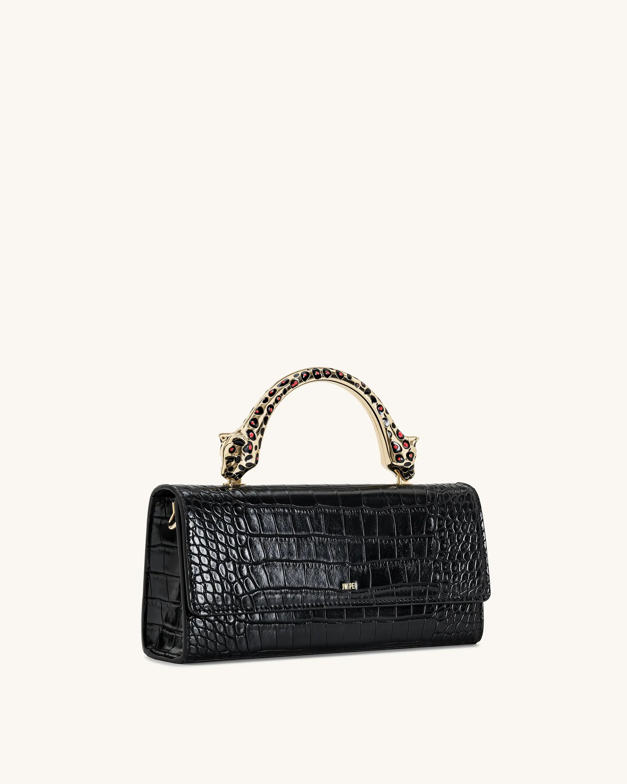 JW PEI Black Croc Women Maya Leopard-shaped Hardware Handle Top Handle Bag SKU: 2T319-1_Black Croc Image 02