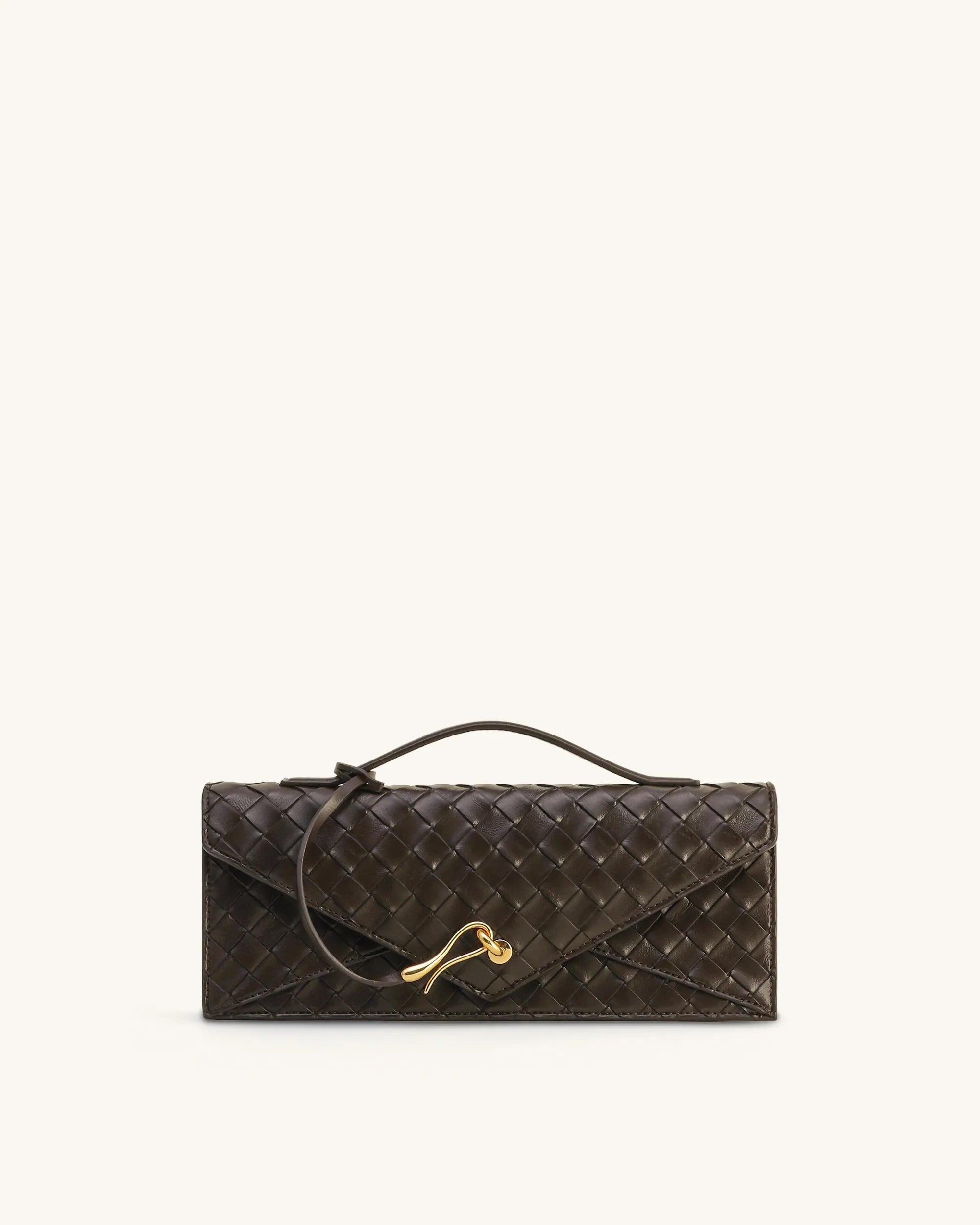 JW PEI Dark Brown Women Celeste Woven Textured Envelope Top Handle Bag SKU: 2T398-3_Dark Brown Image 01