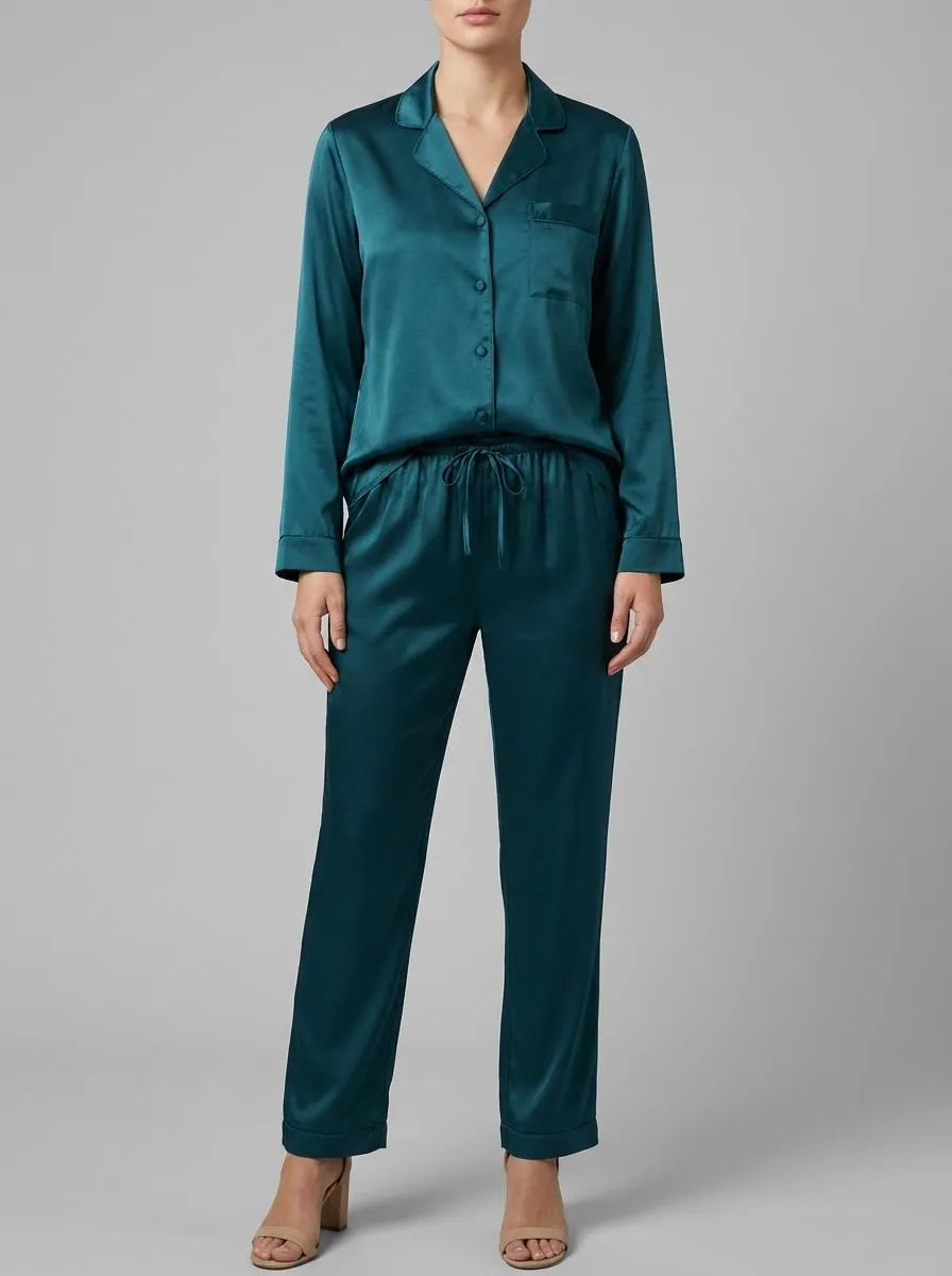 Hunkemoller Reflecting Pond Women Shiny Satin Pyjama Set SKU: 304612_Reflecting Pond Image 00