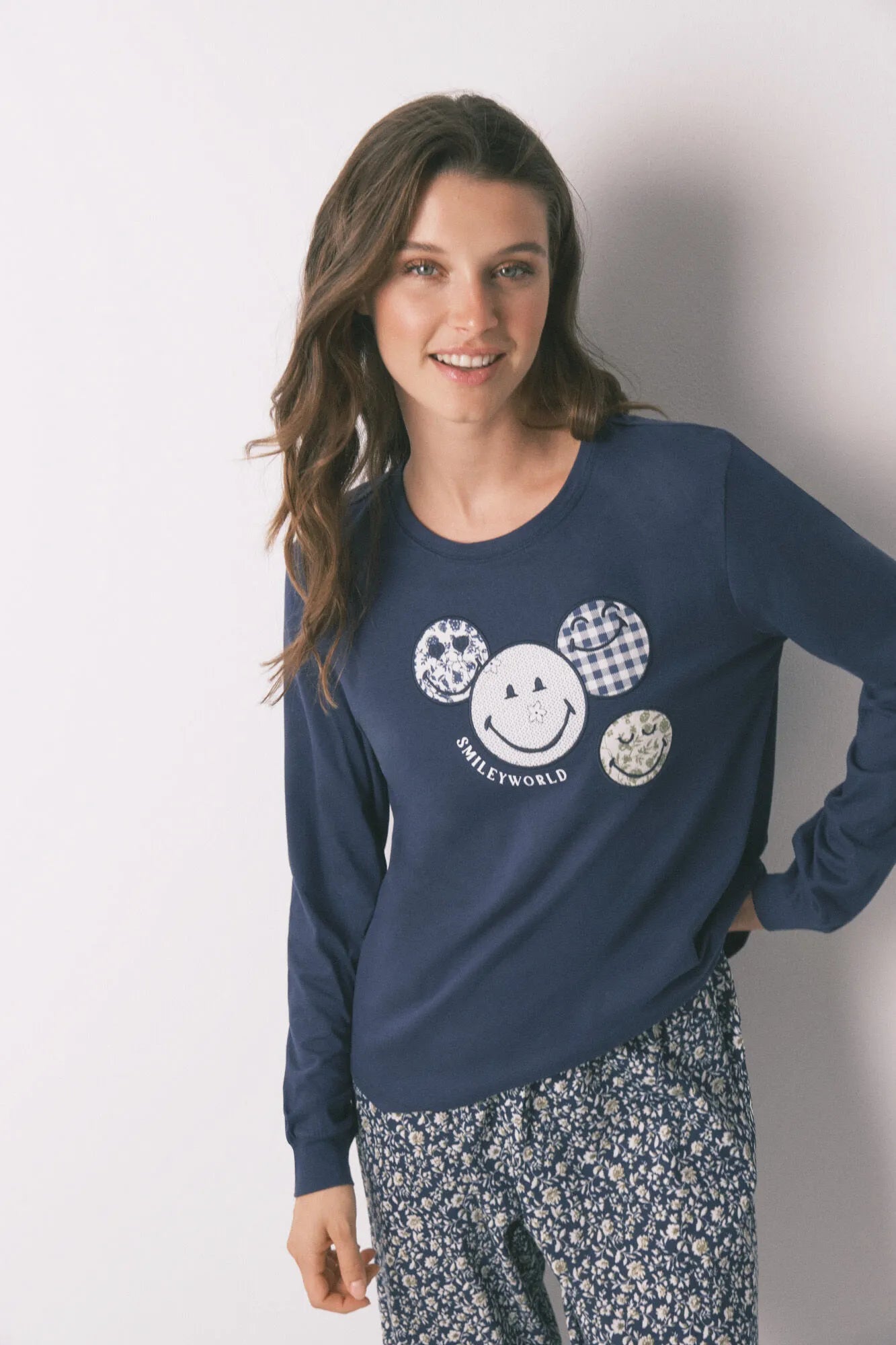 Women Secret_Navy_100% Cotton Long Pyjamas Smileyworld¨ Blue_3132135_10_04