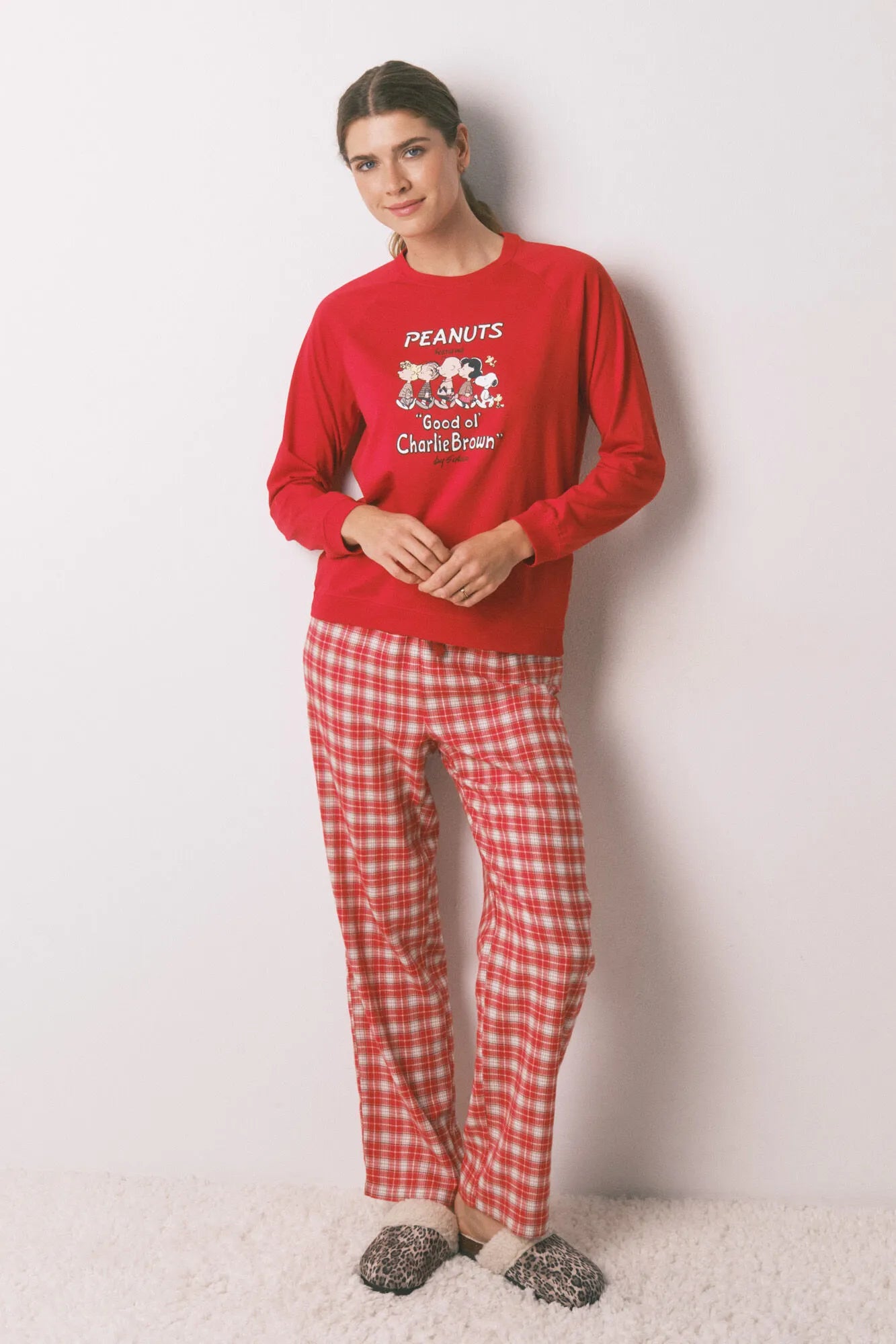 Women Secret_Red/Coral_Long 100% Cotton Printed Red Check Pajamas Snoopy_3132216_62_01
