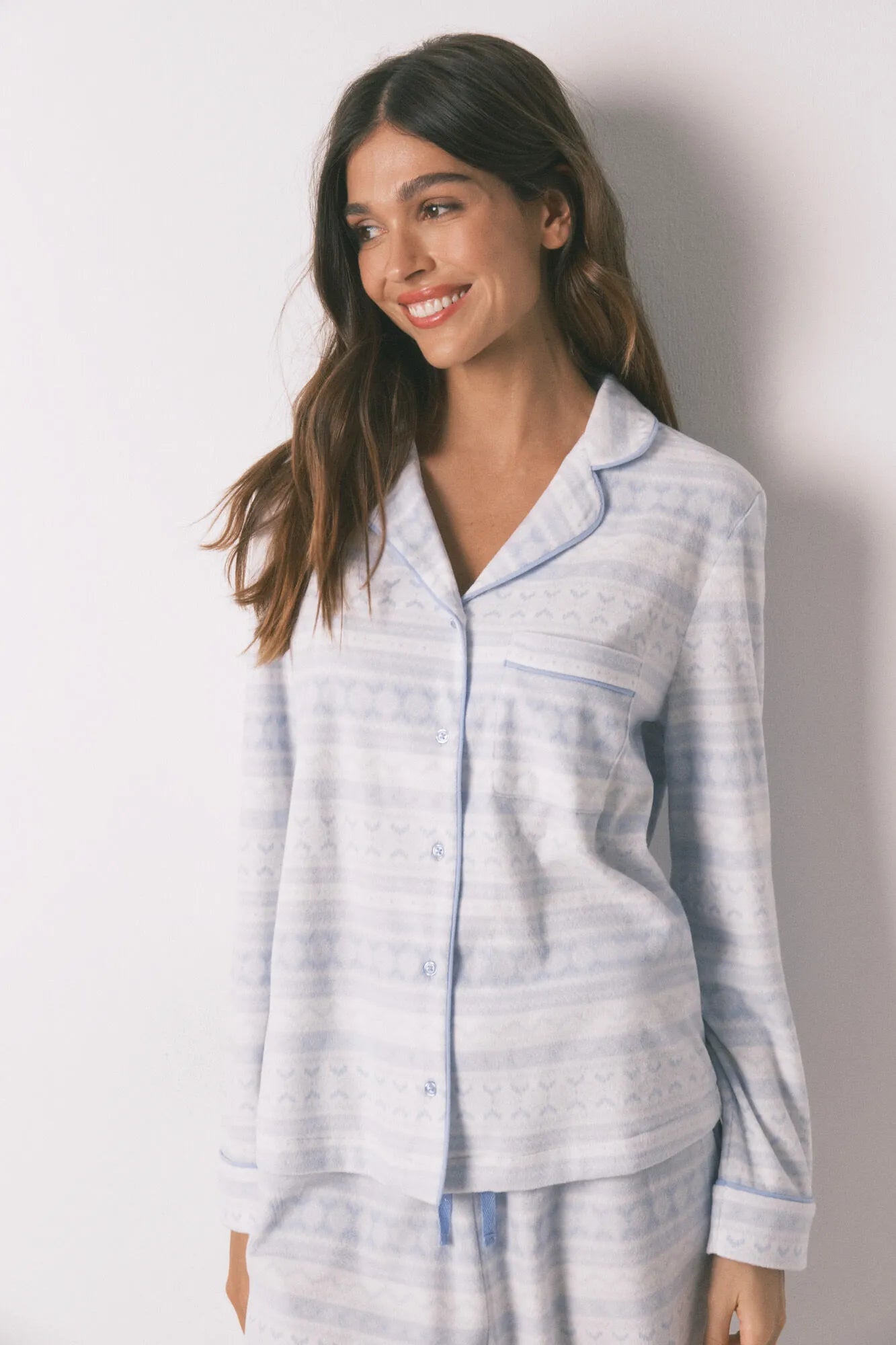 Women Secret_Blue Print_Long Pyjamas Fleece Pyjamas with Border_3132223_19_04