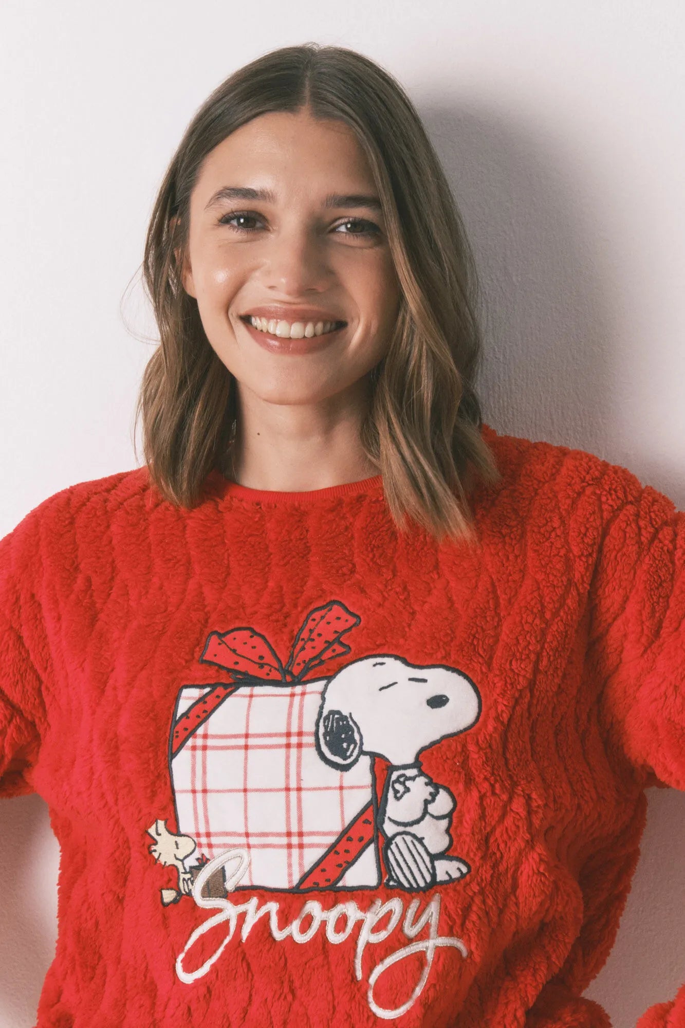 Women Secret_Red/Coral_Long Fleece Pajamas Red Checks Snoopy_3132235_62_04