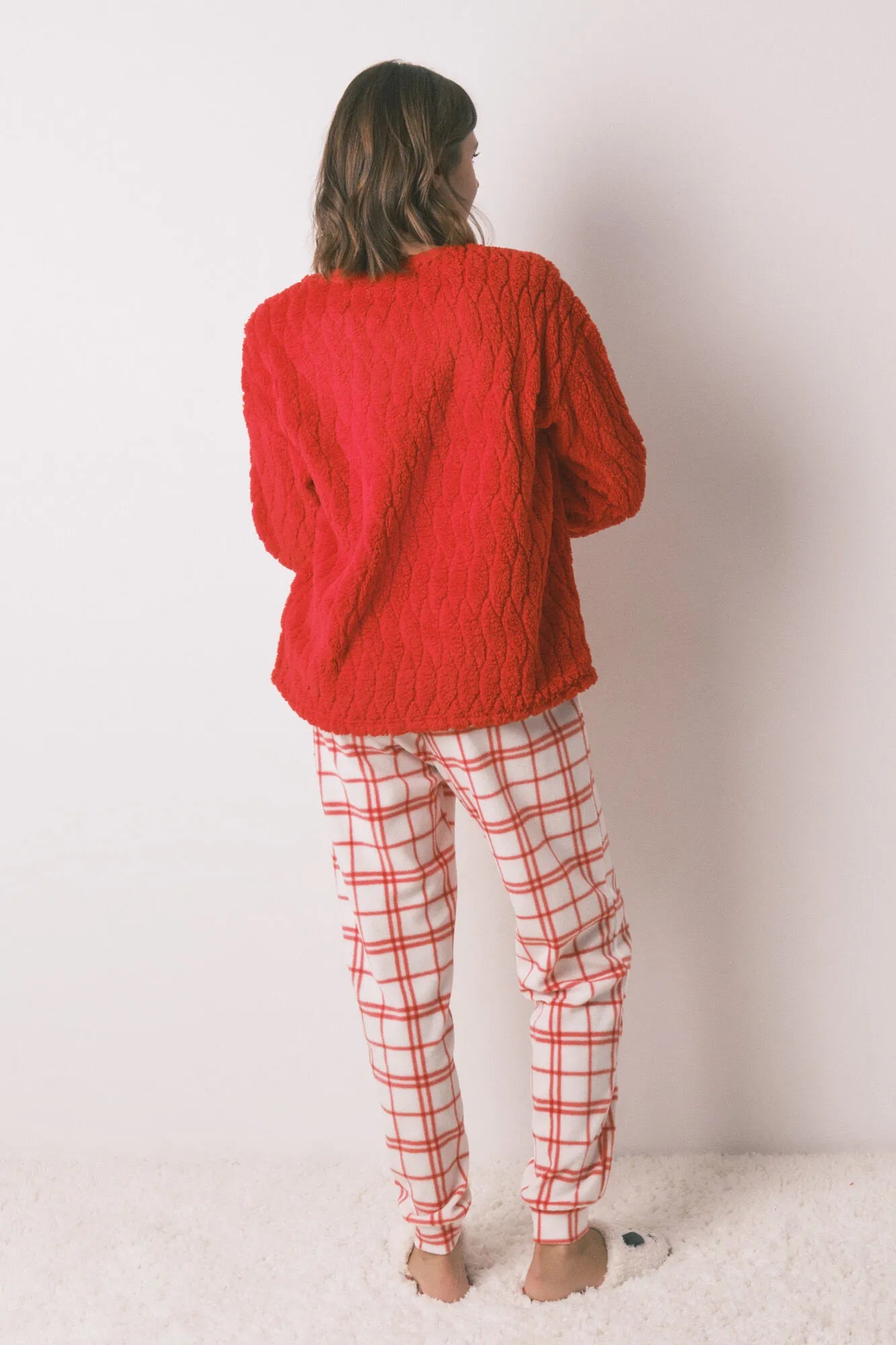 Women Secret_Red/Coral_Long Fleece Pajamas Red Checks Snoopy_3132235_62_06