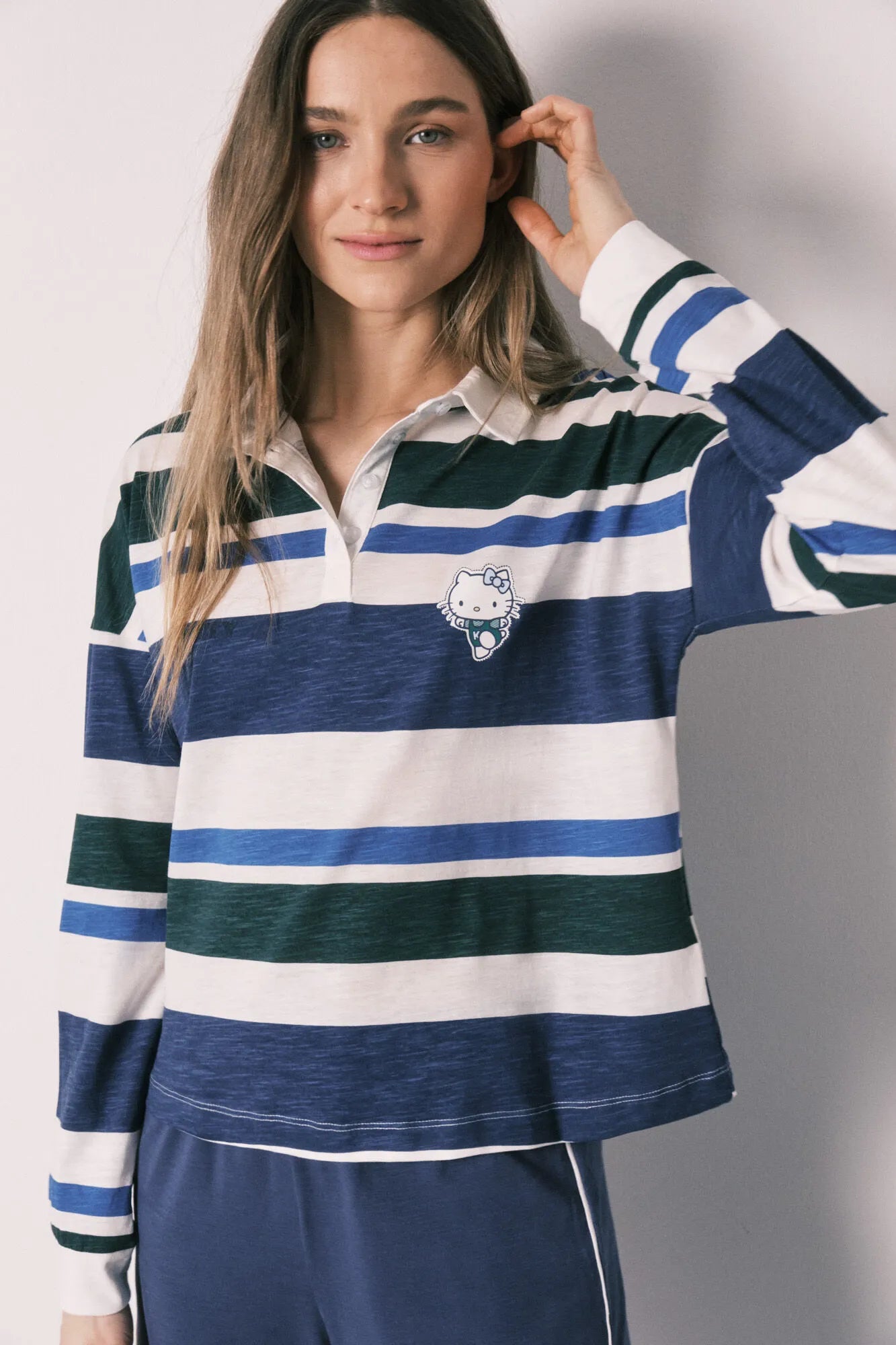 Women Secret Blue Print Women Cotton Striped Polo Long Pyjamas Hello Kitty SKU: 3133511_19 Image 03