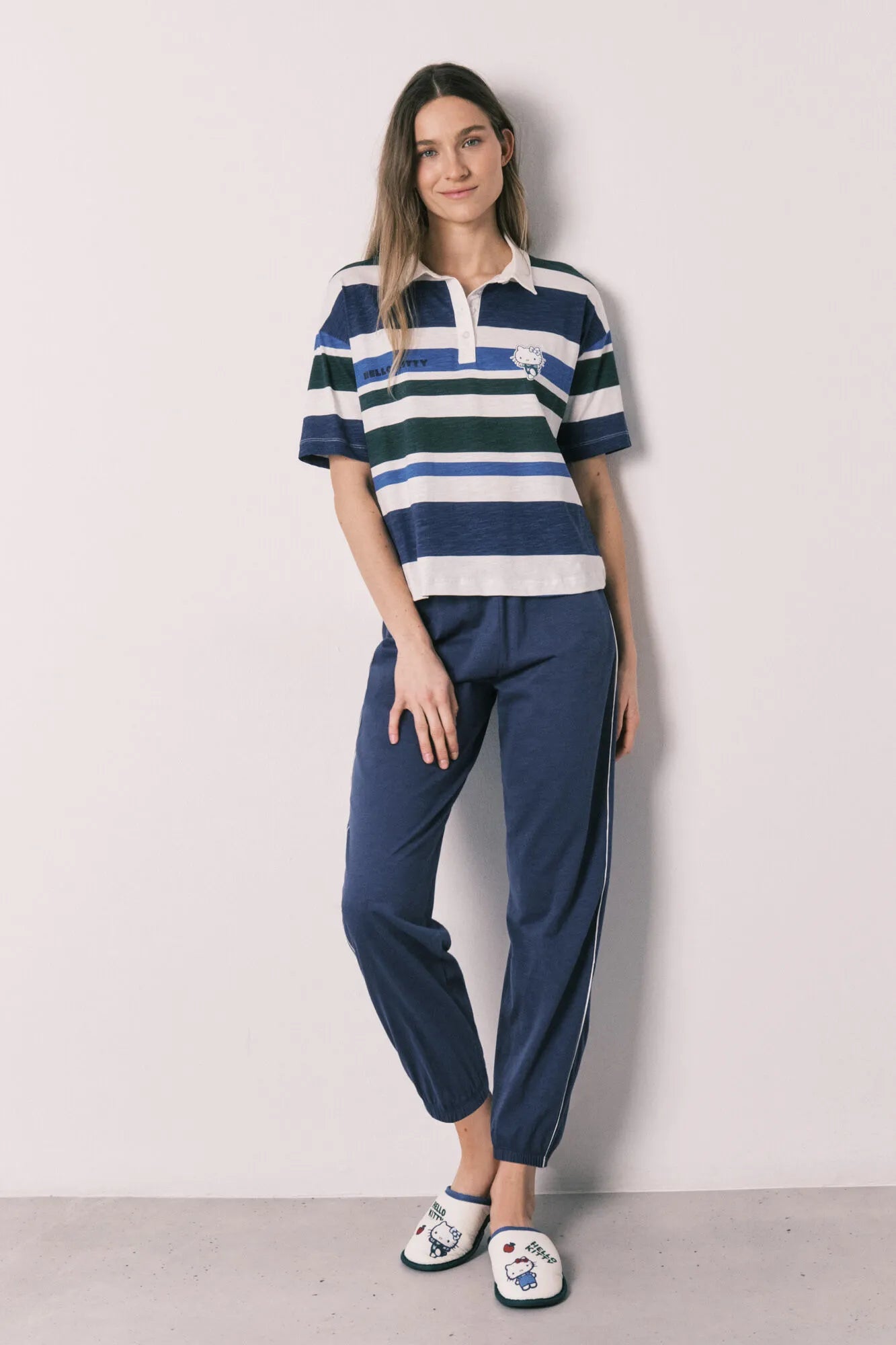 Women Secret Blue Print Women Cotton Striped Polo Short-Sleeved Pyjamas Hello Kitty SKU: 3133516_19 Image 01