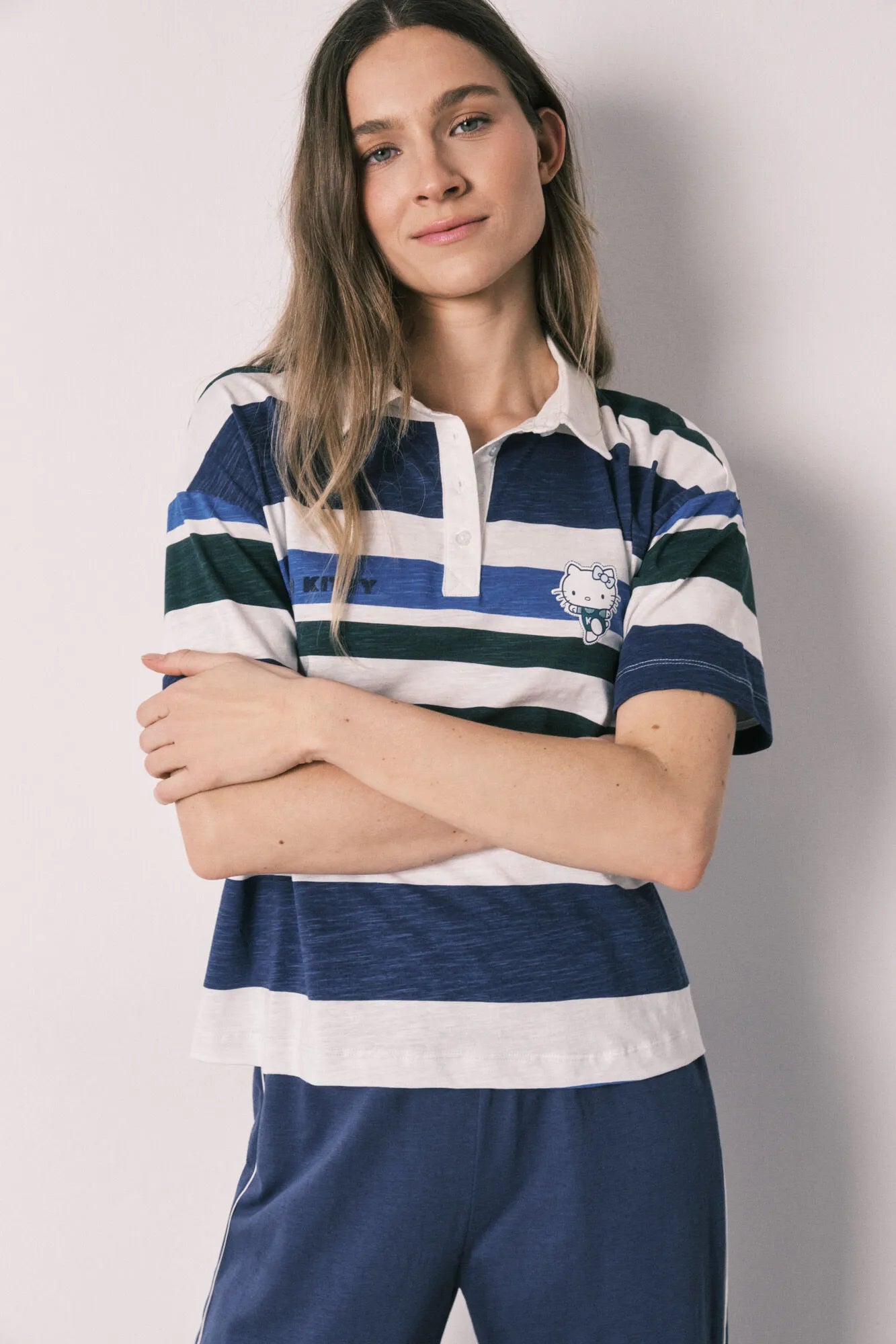 Women Secret Blue Print Women Cotton Striped Polo Short-Sleeved Pyjamas Hello Kitty SKU: 3133516_19 Image 03